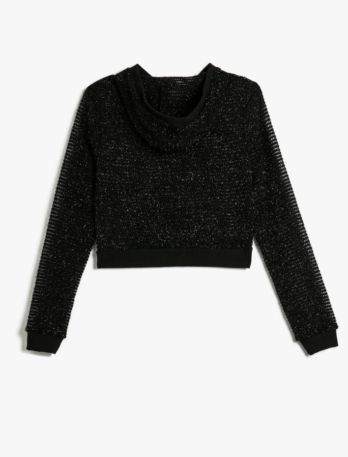  Crop File Kapşonlu Fermuarlı Sweatshirt Simli Slim Fit