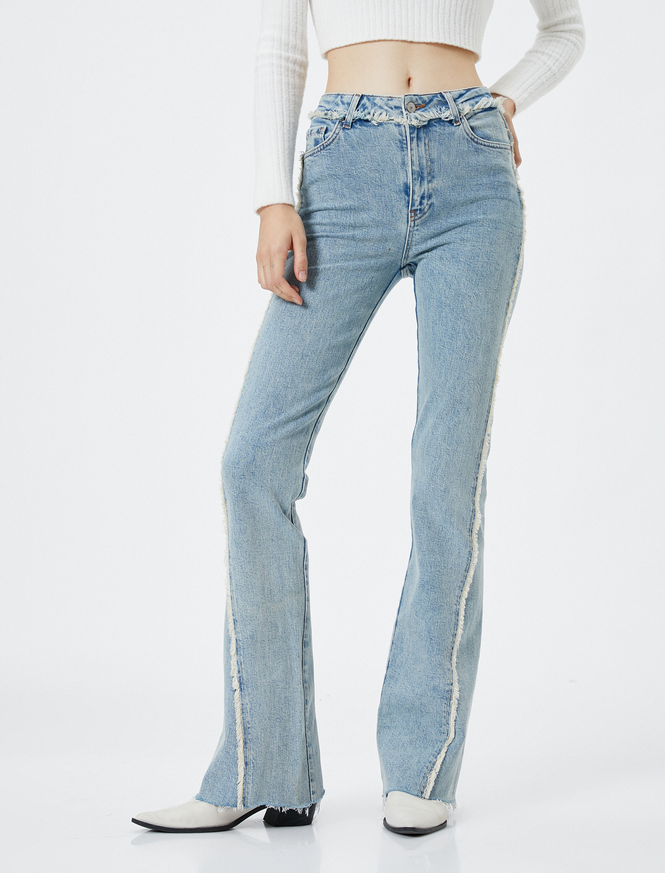   İspanyol Kot Pantolon Püskül Detaylı Dar Kesim Normal Bel - Flare Jean