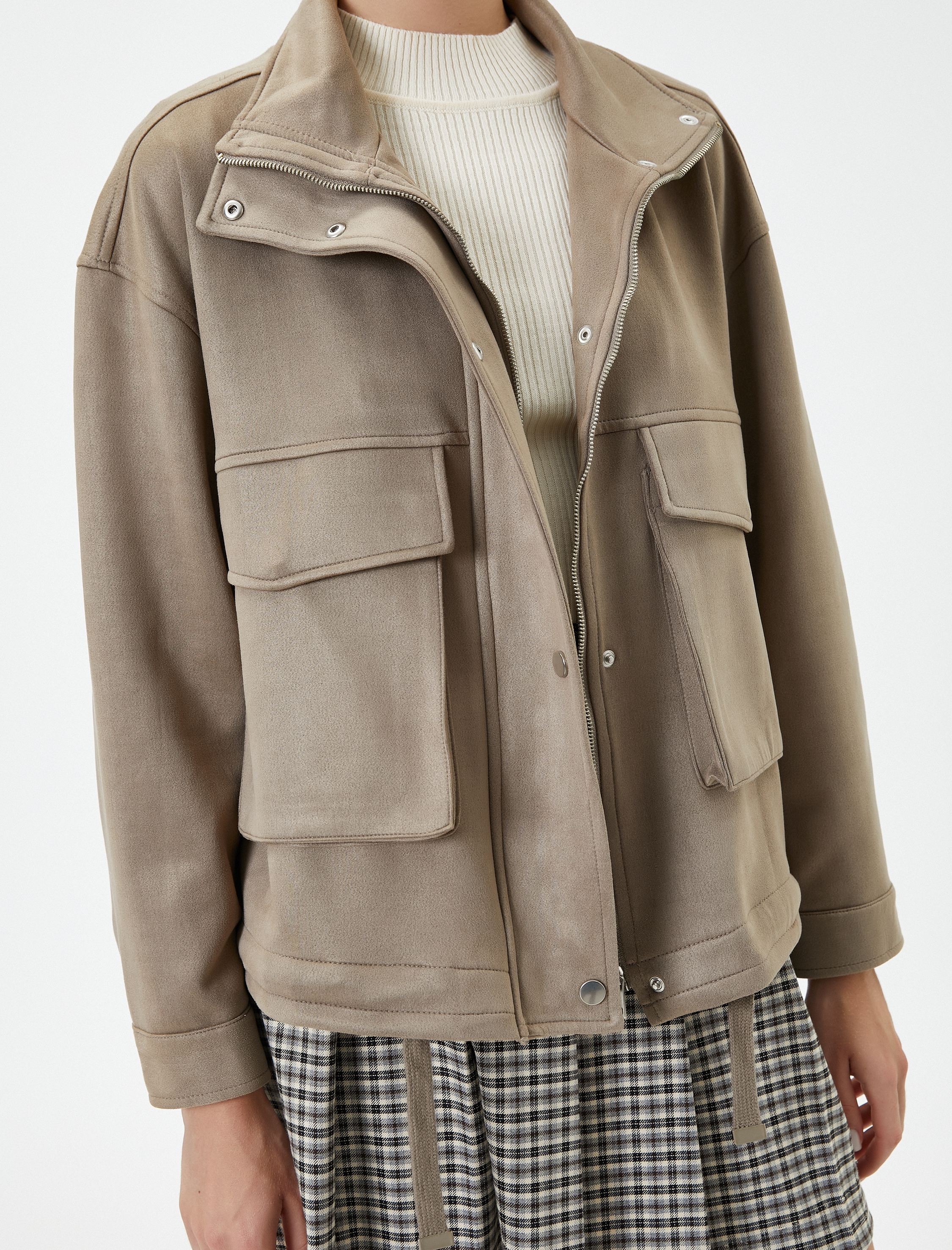   Biker Ceket Süet Görünümlü Dik Yaka Fermuarlı Kapaklı Cepli