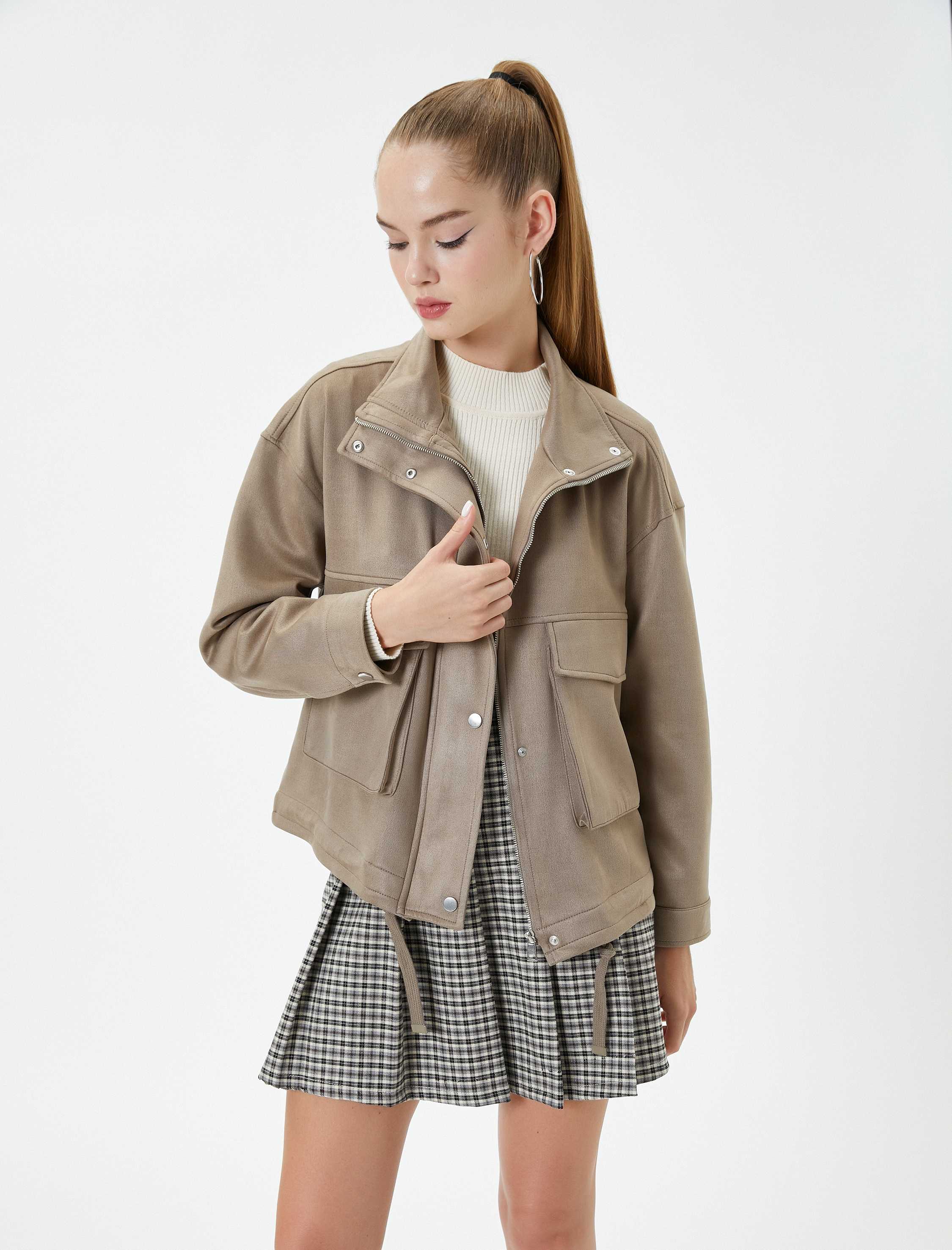   Biker Ceket Süet Görünümlü Dik Yaka Fermuarlı Kapaklı Cepli