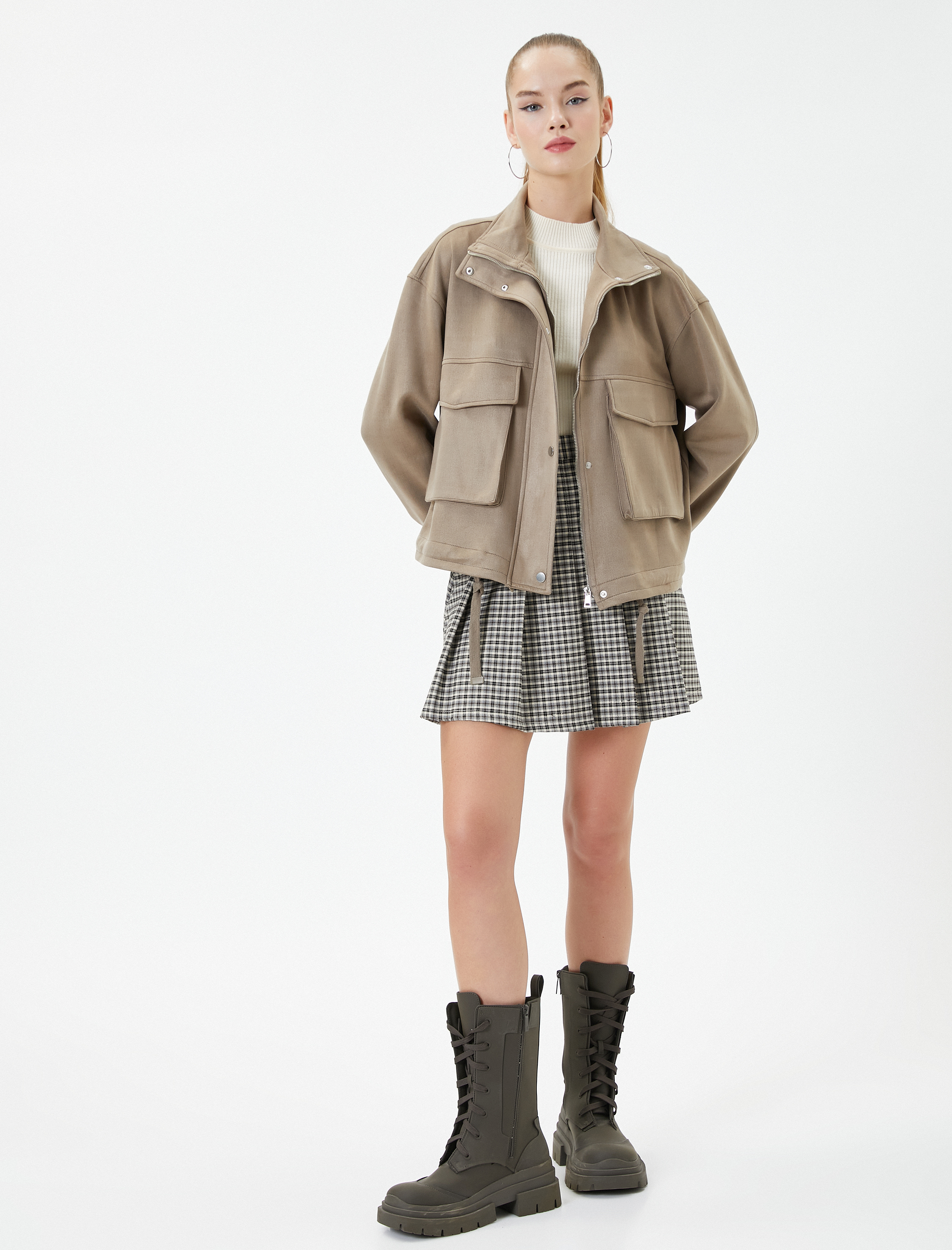   Biker Ceket Süet Görünümlü Dik Yaka Fermuarlı Kapaklı Cepli