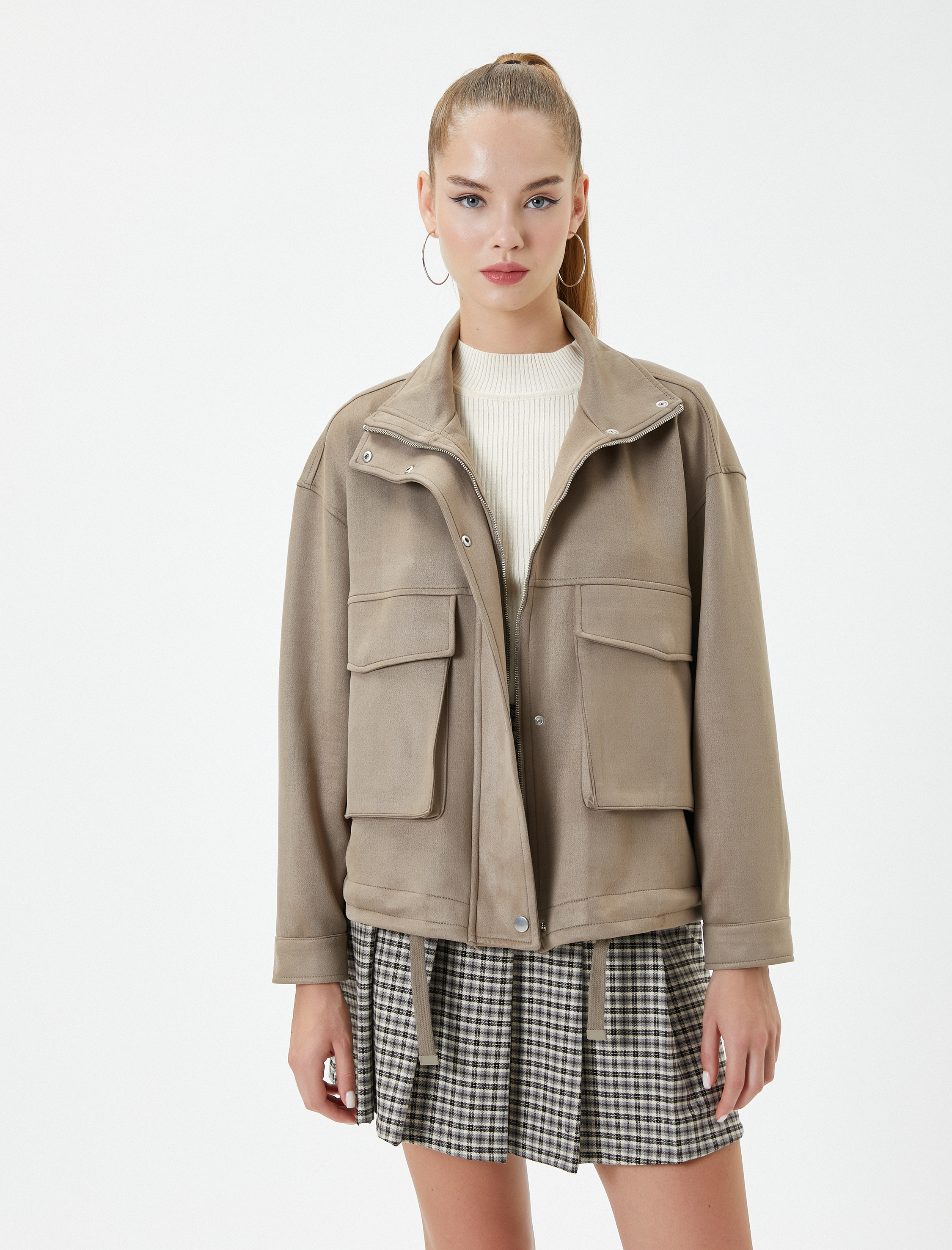   Biker Ceket Süet Görünümlü Dik Yaka Fermuarlı Kapaklı Cepli