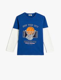 Tişört Uzun Kollu Bisiklet Yaka Basketbol Baskılı Renk Bloklu Pamuklu