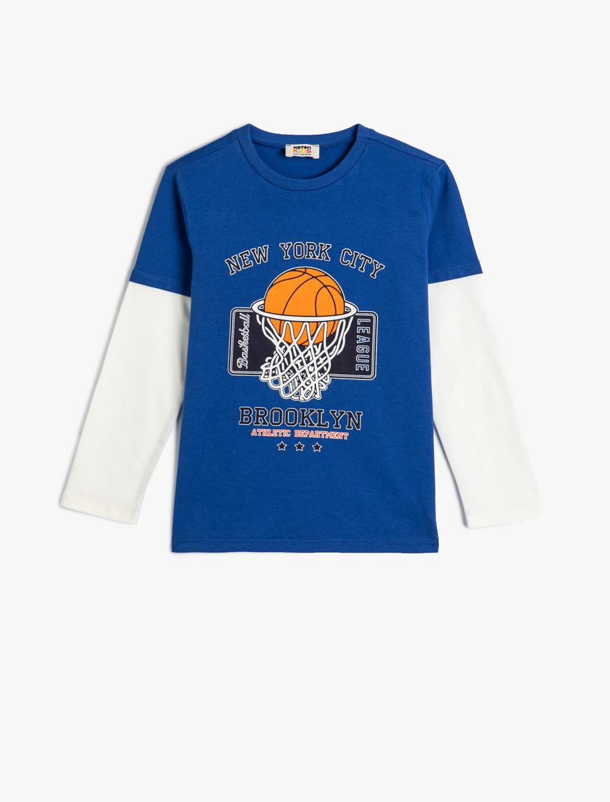  Erkek Çocuk Tişört Uzun Kollu Bisiklet Yaka Basketbol Baskılı Renk Bloklu Pamuklu