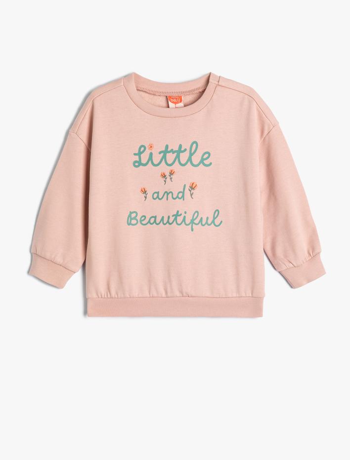 Kız Bebek Çiçek Baskılı Sweatshirt Uzun Kollu Bisiklet Yaka Şardonlu Pamuklu