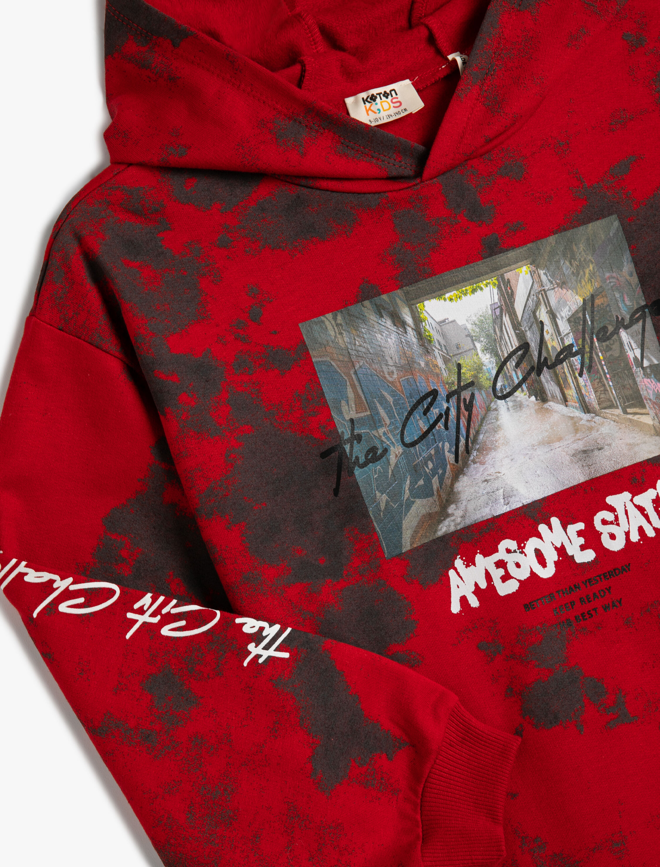  Erkek Çocuk Kapşonlu Sweatshirt Uzun Kollu Batik Desenli Şardonlu Pamuklu