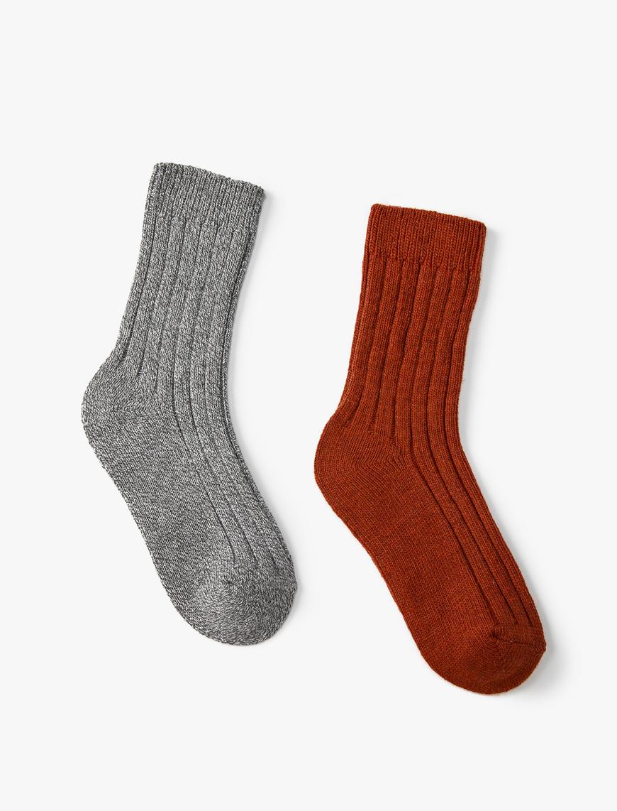  Kadın 2'li Soket Çorap Seti Yün Karışımlı Dokulu Çok Renkli