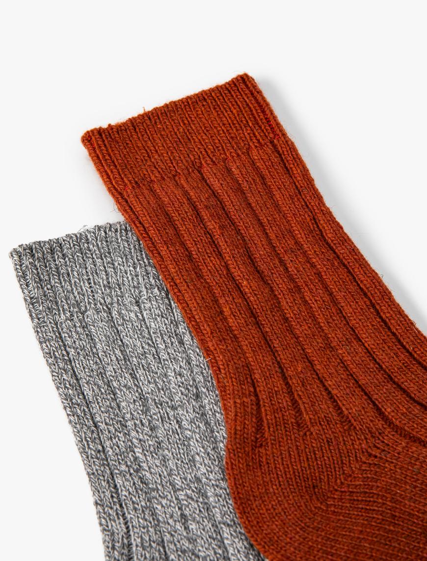  Kadın 2'li Soket Çorap Seti Yün Karışımlı Dokulu Çok Renkli