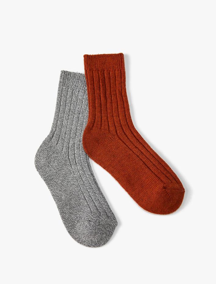 Kadın 2'li Soket Çorap Seti Yün Karışımlı Dokulu Çok Renkli