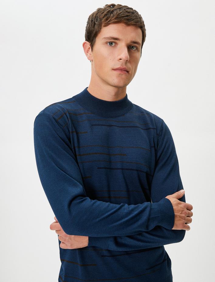  Triko Kazak Yarım Balıkçı Yaka Slim Fit Çizgi Desenli