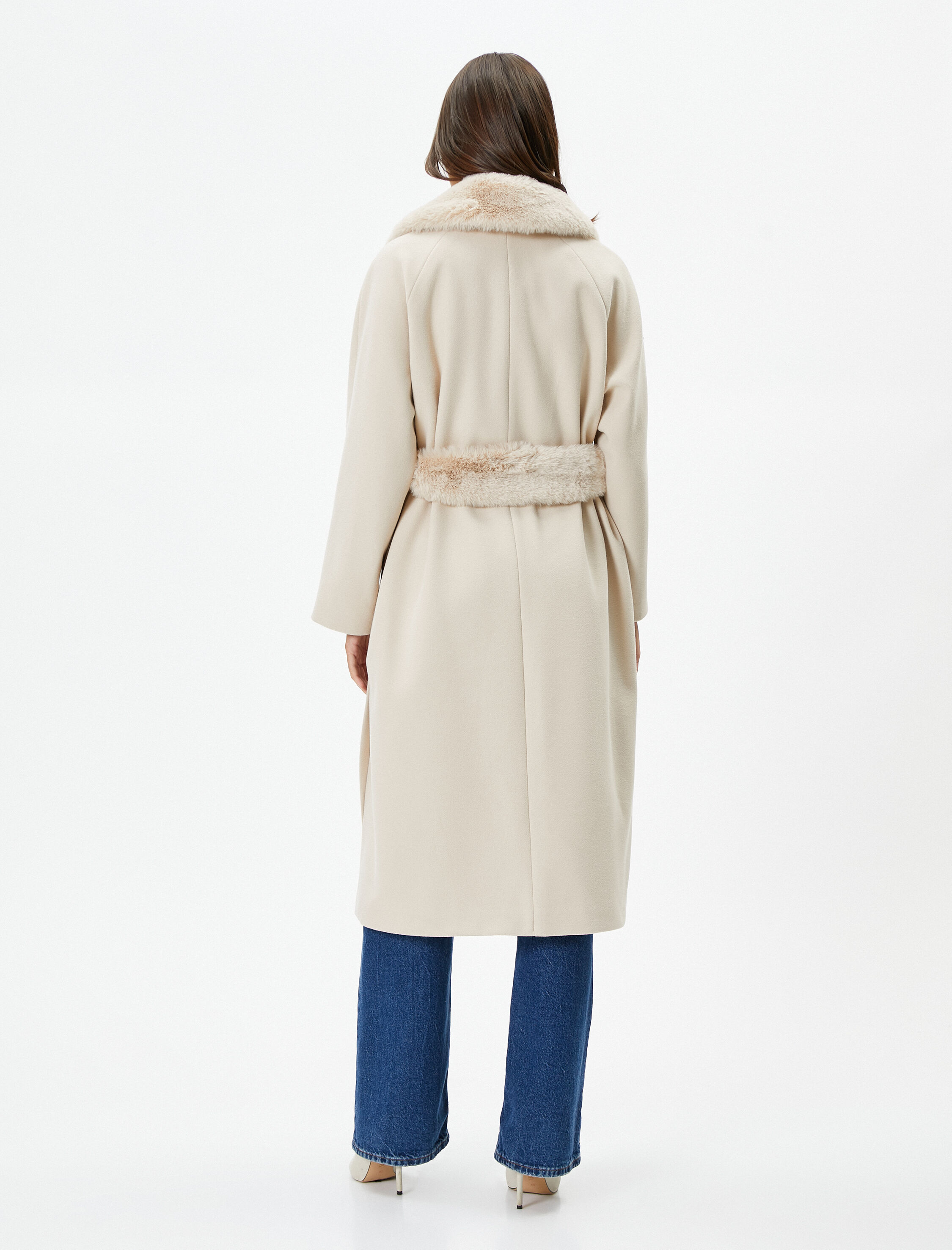   Uzun Kaşe Kaban Çıkarılabilir Suni Kürk Yaka Kuşaklı Cepli