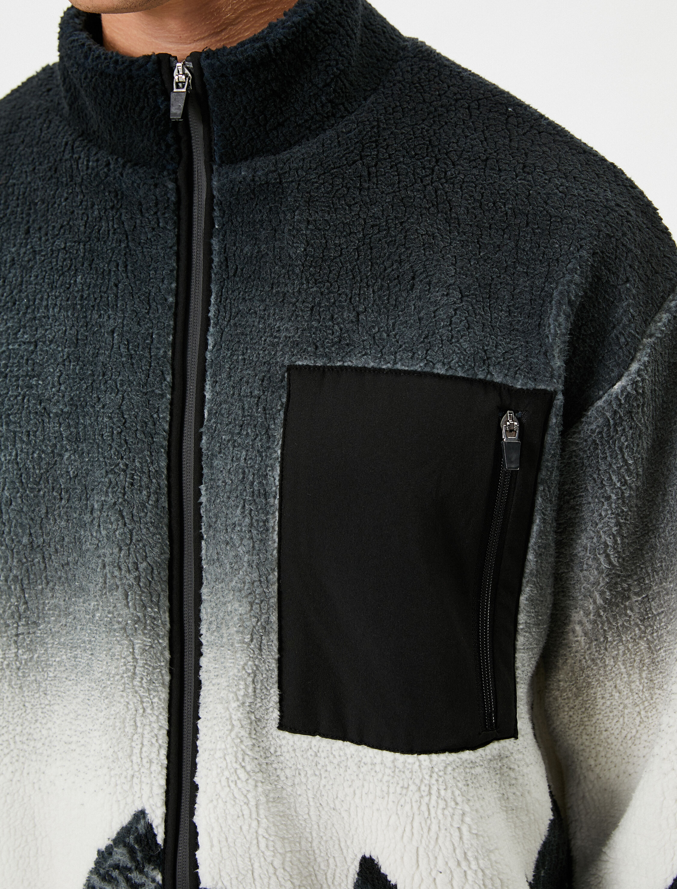   Peluş Ceket Oversize Manzara Desenli Dik Yaka Fermuarlı Cep Detaylı