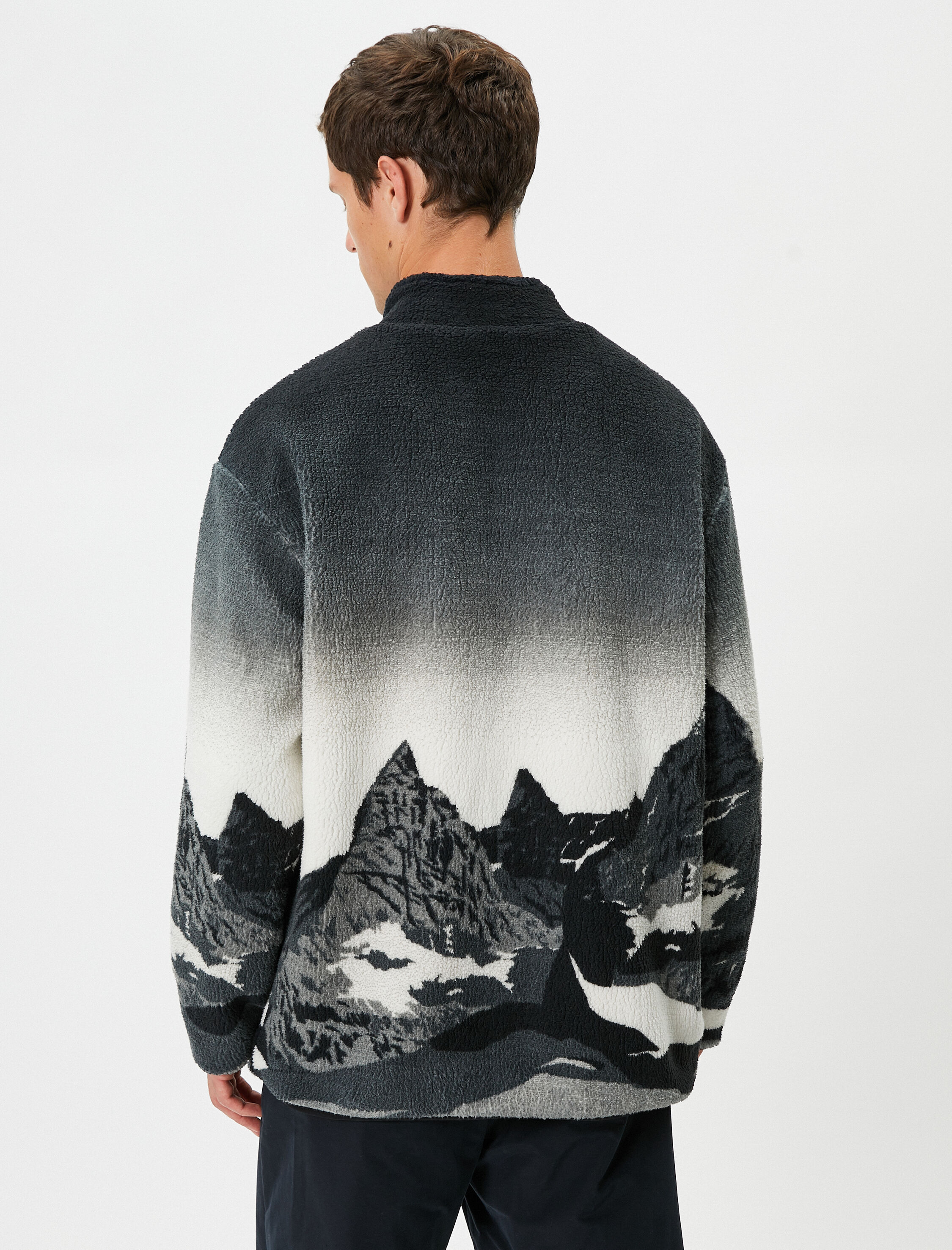   Peluş Ceket Oversize Manzara Desenli Dik Yaka Fermuarlı Cep Detaylı