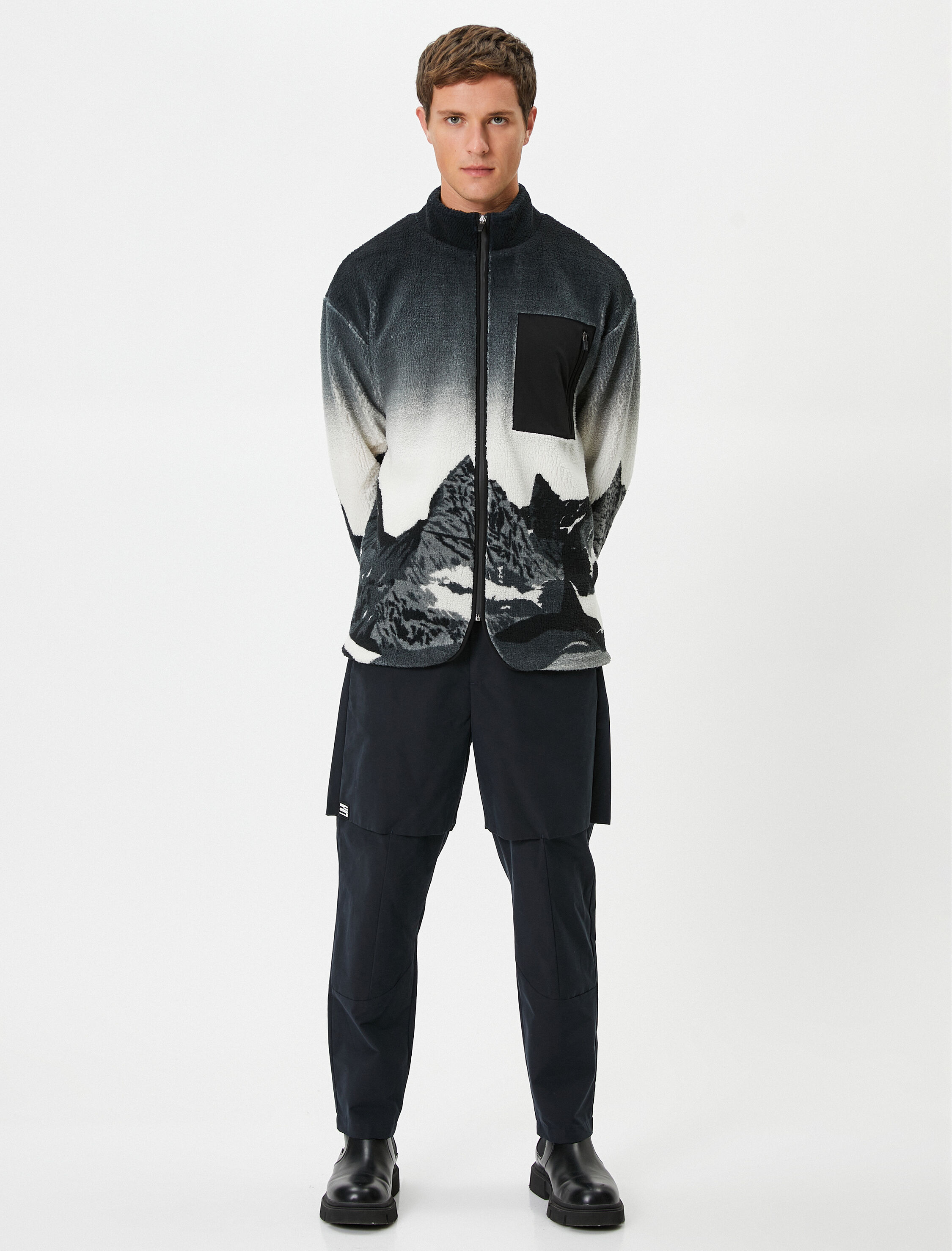   Peluş Ceket Oversize Manzara Desenli Dik Yaka Fermuarlı Cep Detaylı