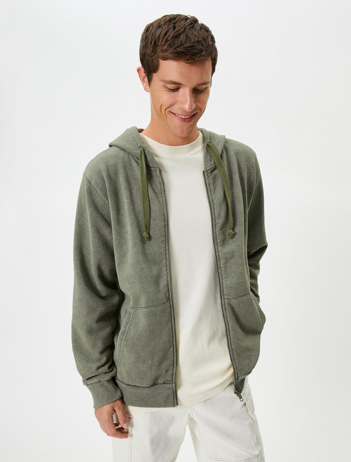  Fermuarlı Sweatshirt Kapşonlu Yıkamalı Kanguru Cepli