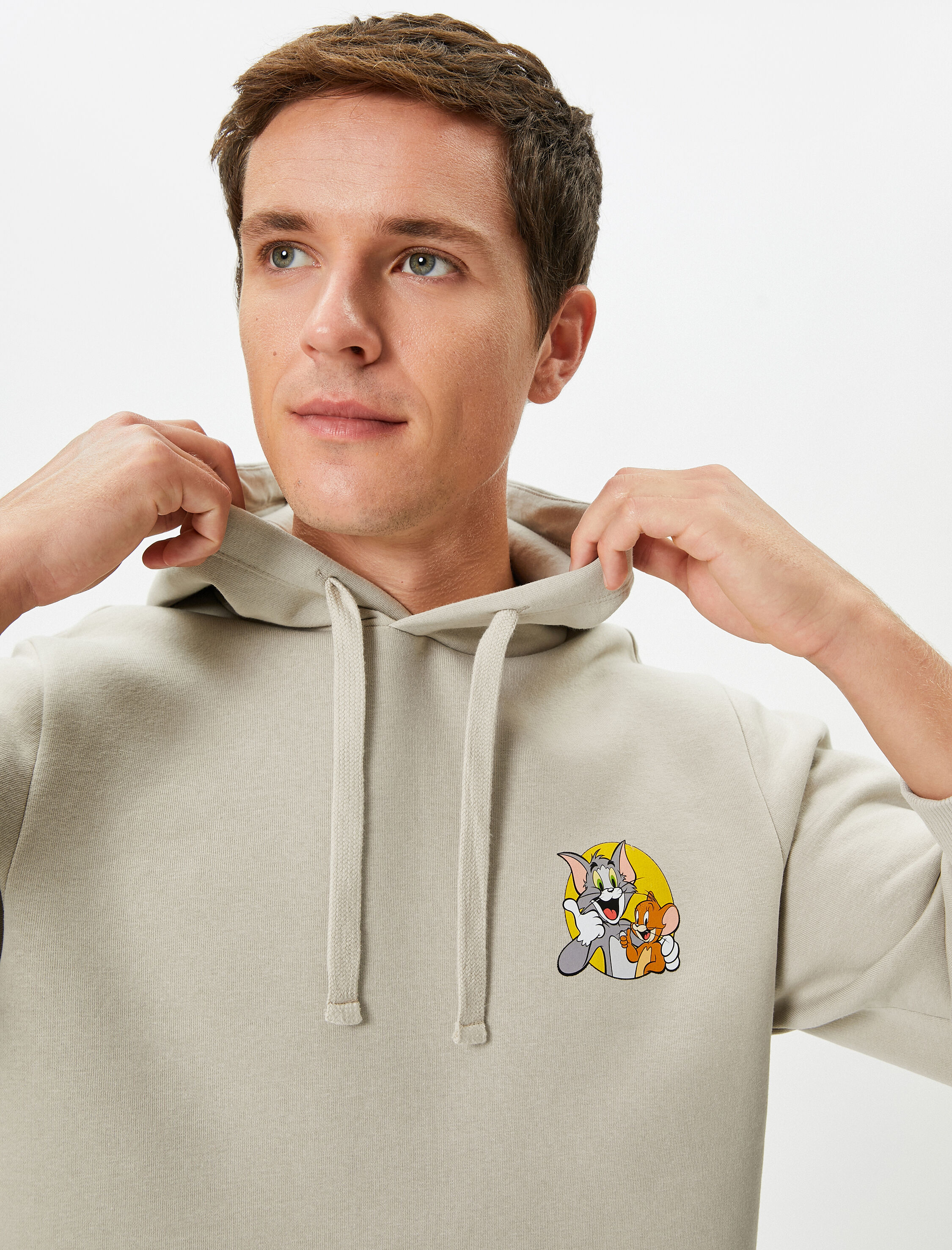 Ekru Erkek Tom ve Jerry Hoodie Lisanslı Baskılı Uzun Kollu