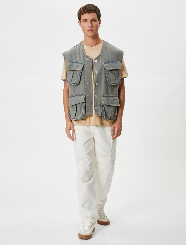  Kot Yelek Yıkamalı Cep Detaylı Düğmeli Rahat Kesim