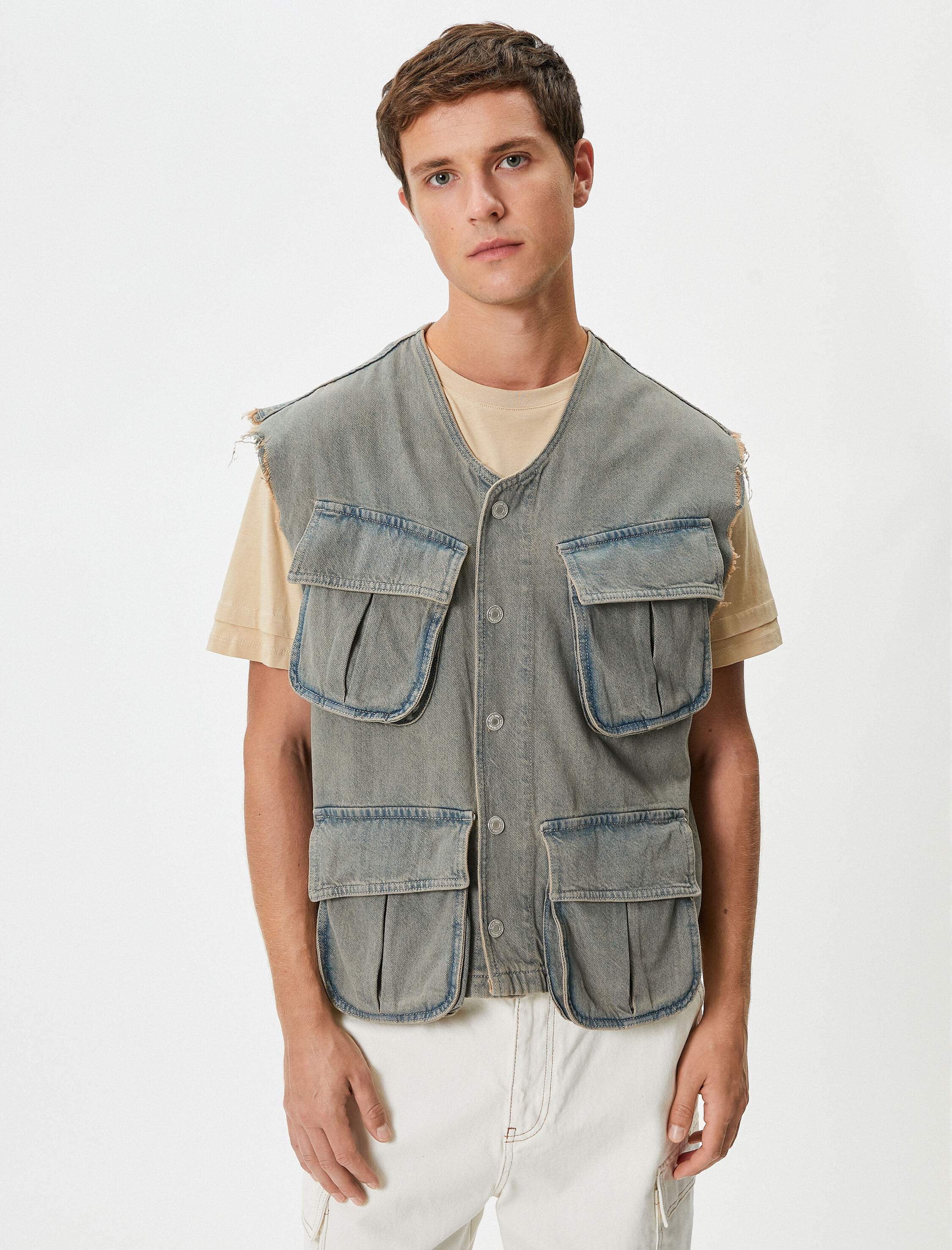   Kot Yelek Yıkamalı Cep Detaylı Düğmeli Rahat Kesim