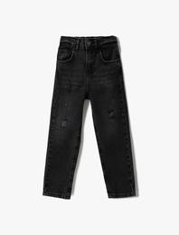 Kot Pantolon Beli Lastikli Cepli Düz Paça - Boyfriend Jean