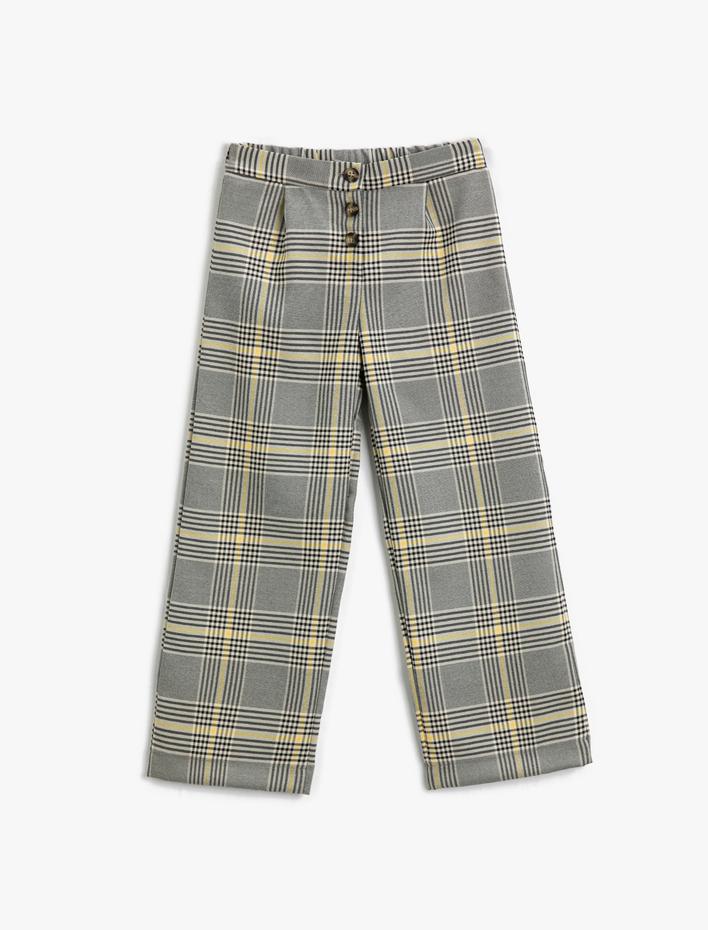 Kız Çocuk Bol Paça Kumaş Pantolon Düğme Detaylı Pile Detaylı