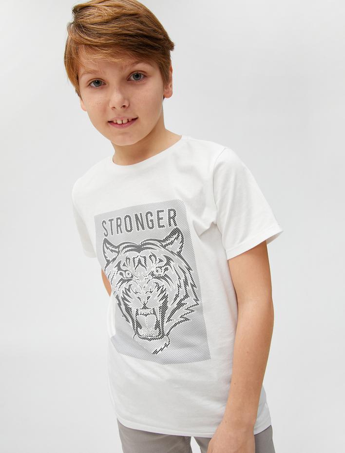 Erkek Çocuk Kaplan Baskılı Kısa Kollu Tişört Bisiklet Yaka Pamuklu