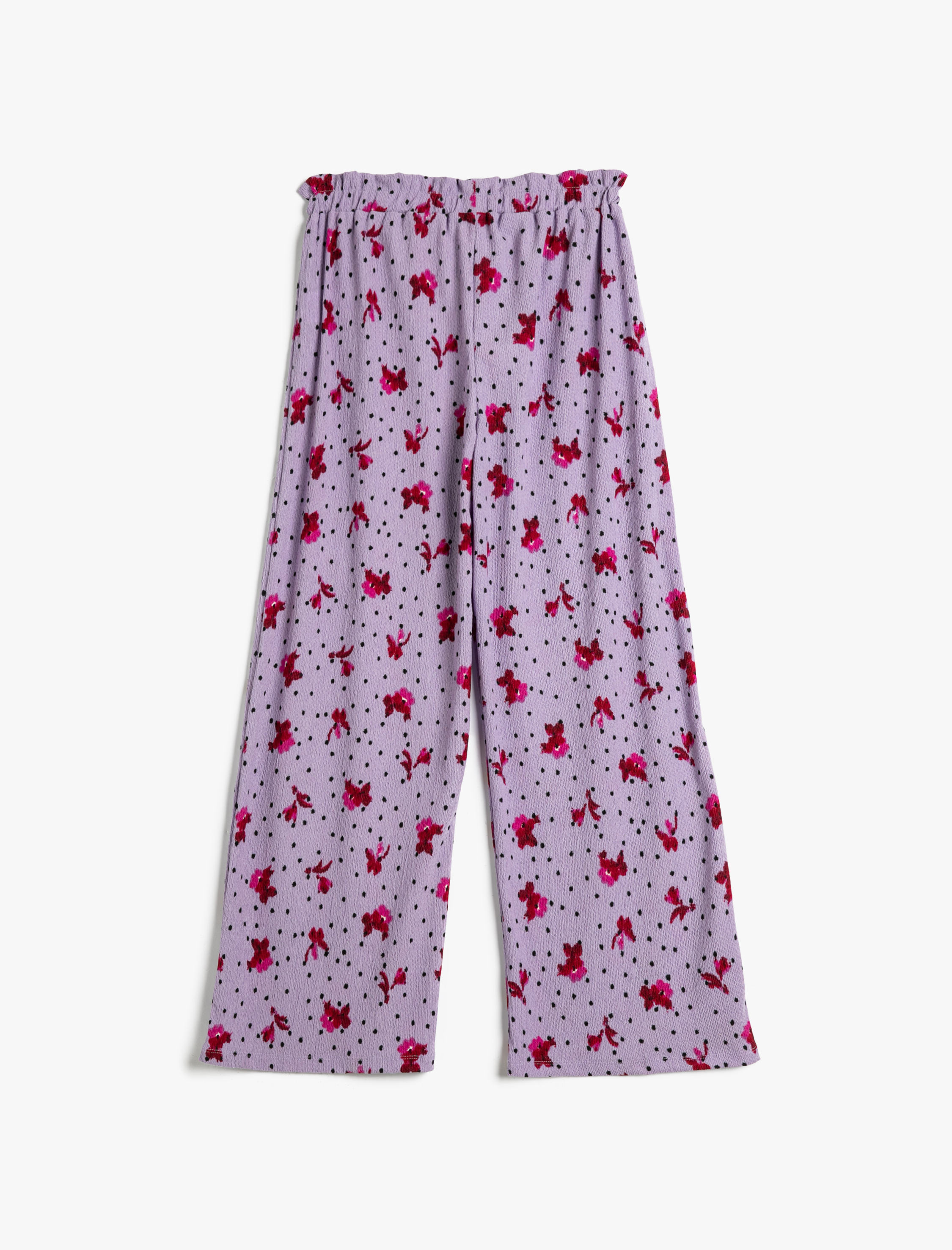  Kız Çocuk Pol Paça Pantolon Çiçekli Beli Lastikli Dokulu