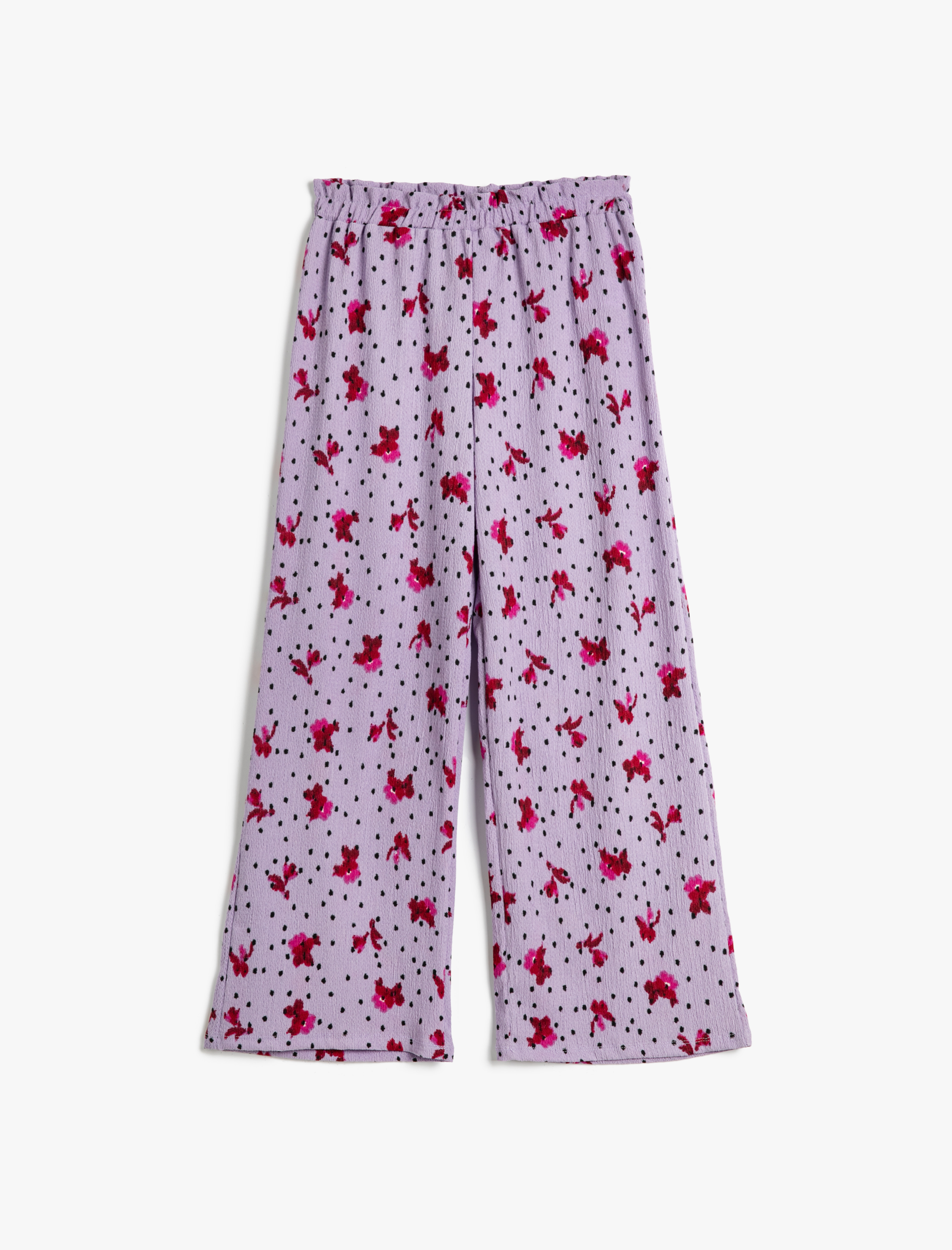  Kız Çocuk Pol Paça Pantolon Çiçekli Beli Lastikli Dokulu