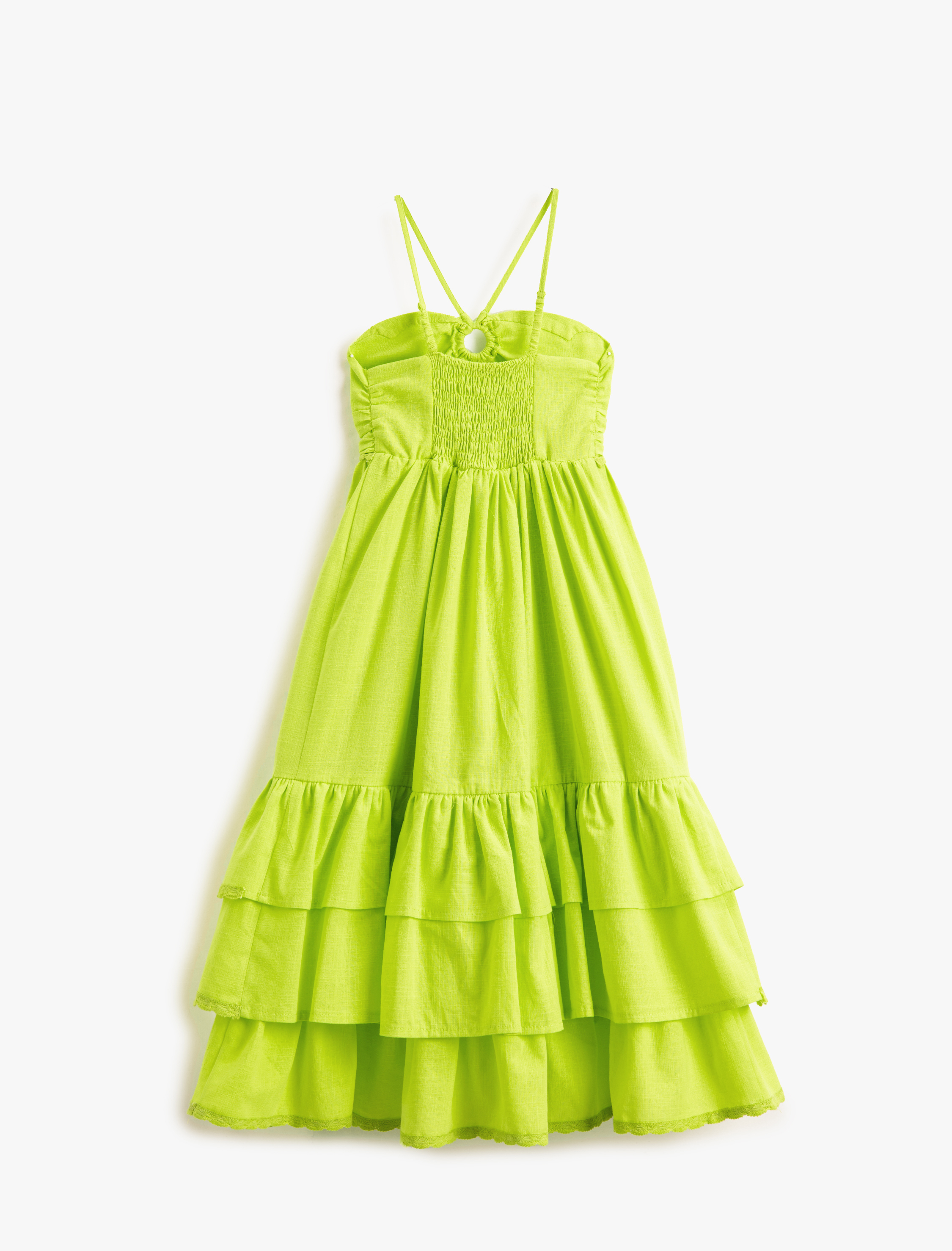  Kız Çocuk Elbise İnce Askılı Kalp Yaka Midi Boy Pamuklu Katlı