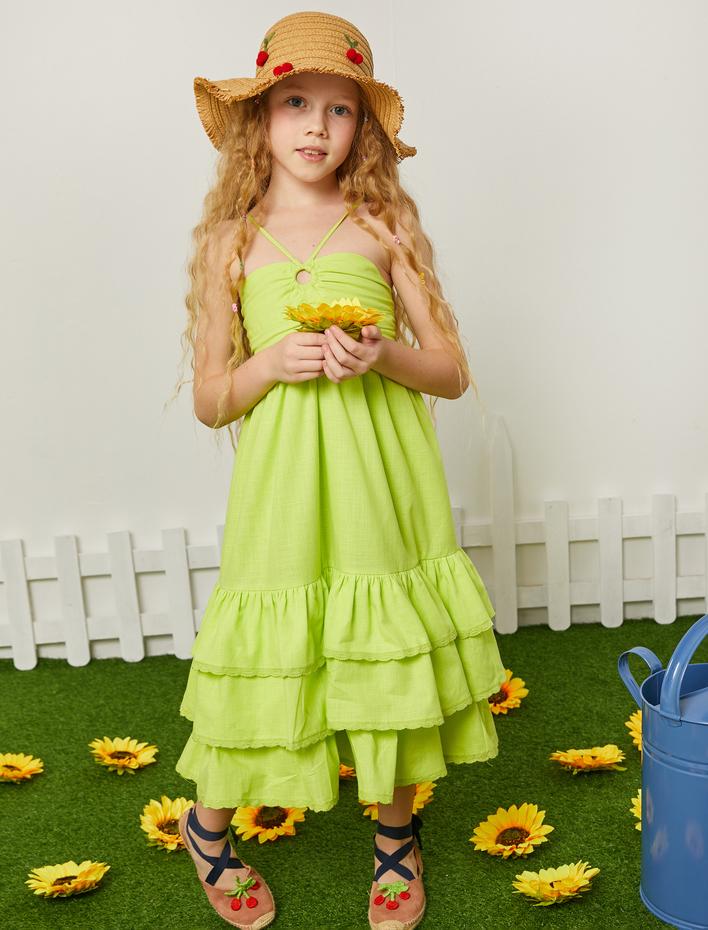 Kız Çocuk Elbise İnce Askılı Kalp Yaka Midi Boy Pamuklu Katlı