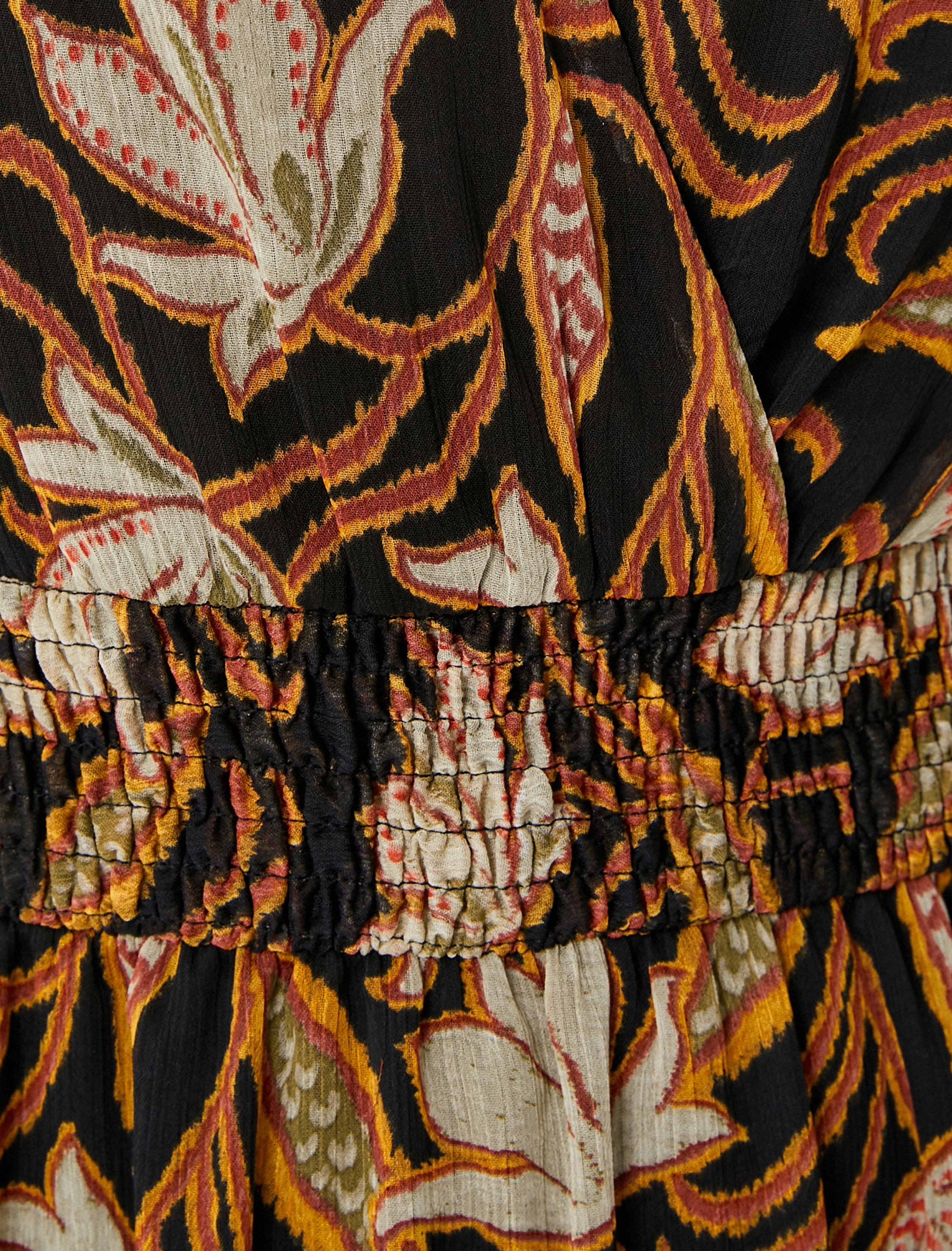   Midi Şifon Elbise Çiçekli Balon Kollu V Yaka Gipeli