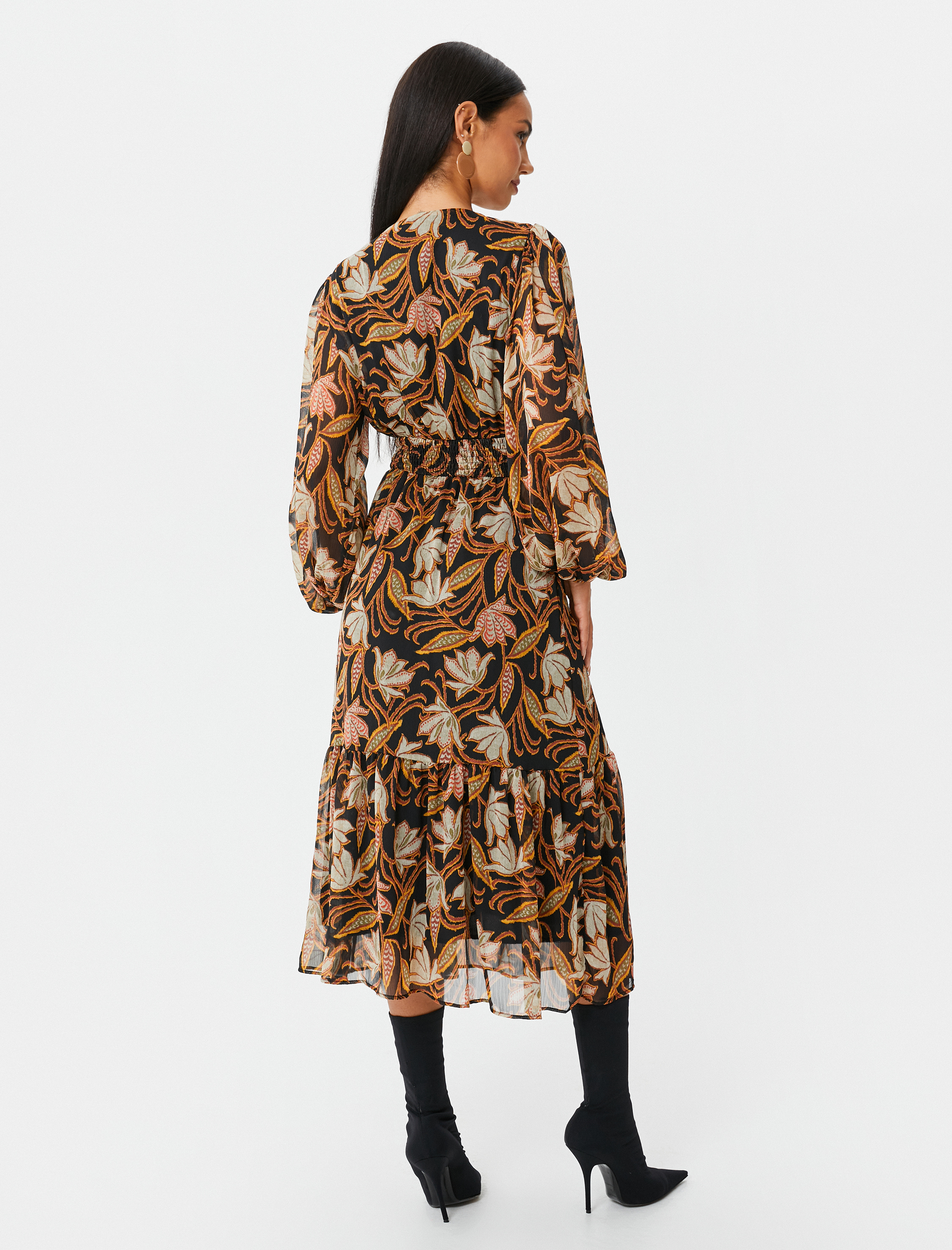   Midi Şifon Elbise Çiçekli Balon Kollu V Yaka Gipeli