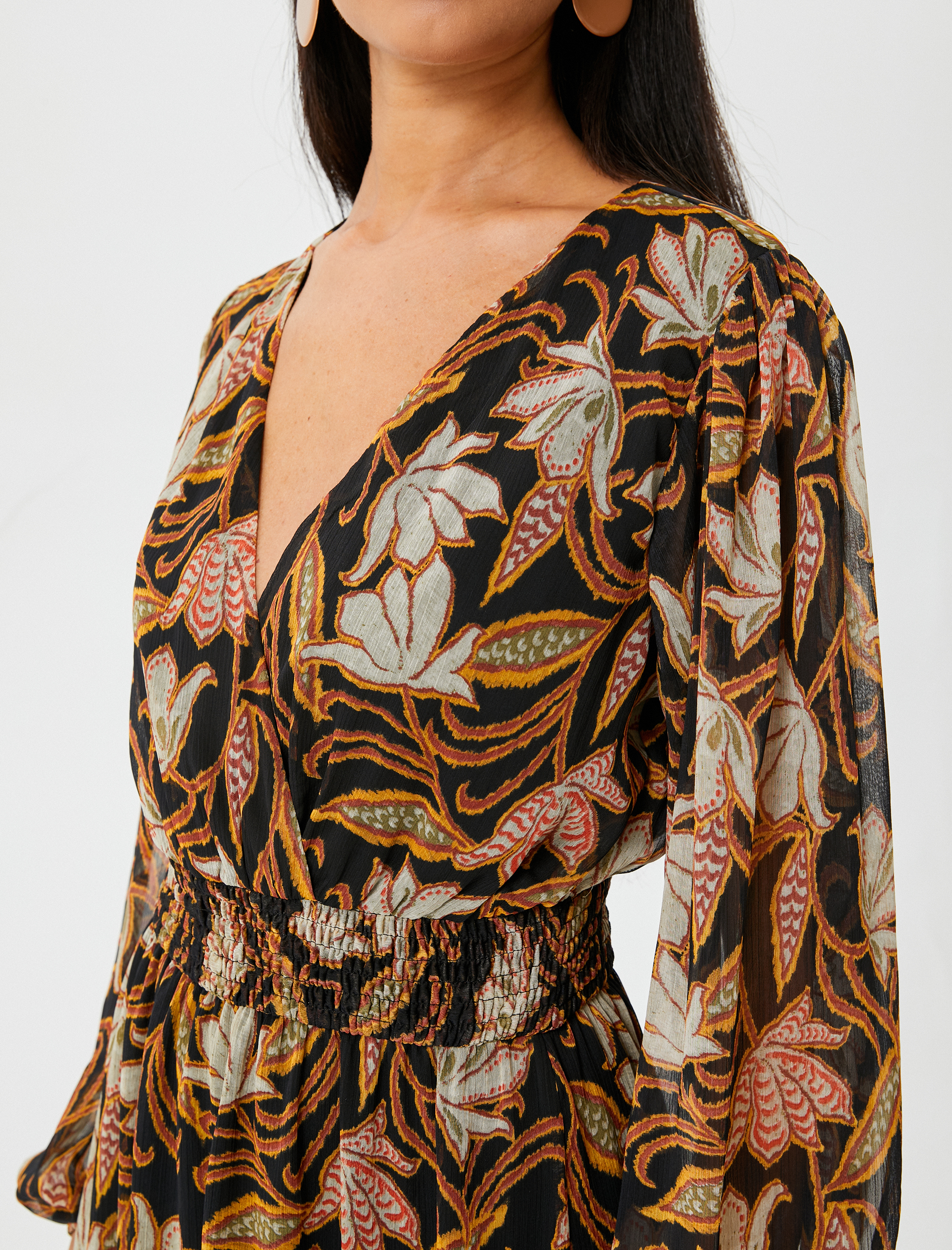   Midi Şifon Elbise Çiçekli Balon Kollu V Yaka Gipeli