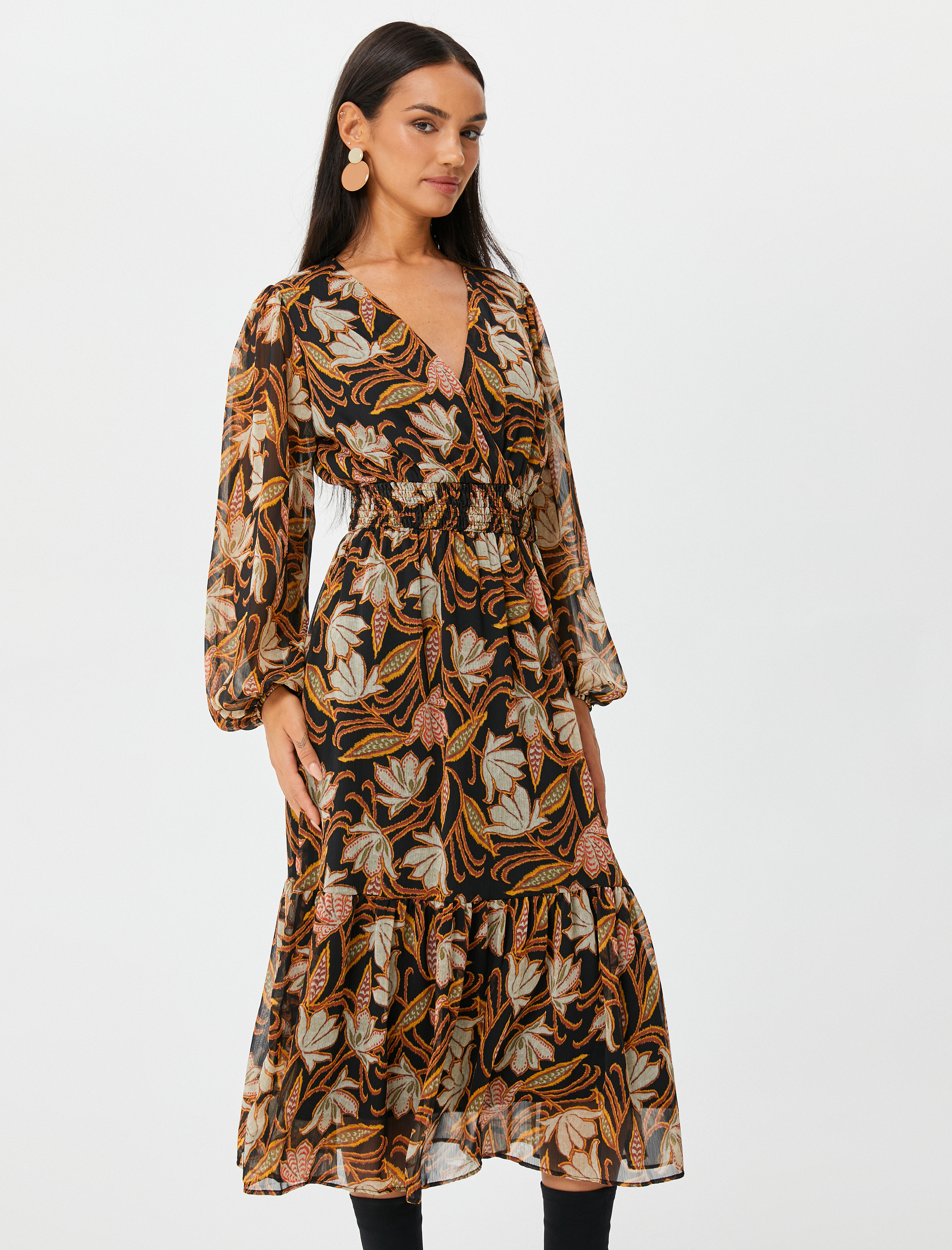   Midi Şifon Elbise Çiçekli Balon Kollu V Yaka Gipeli