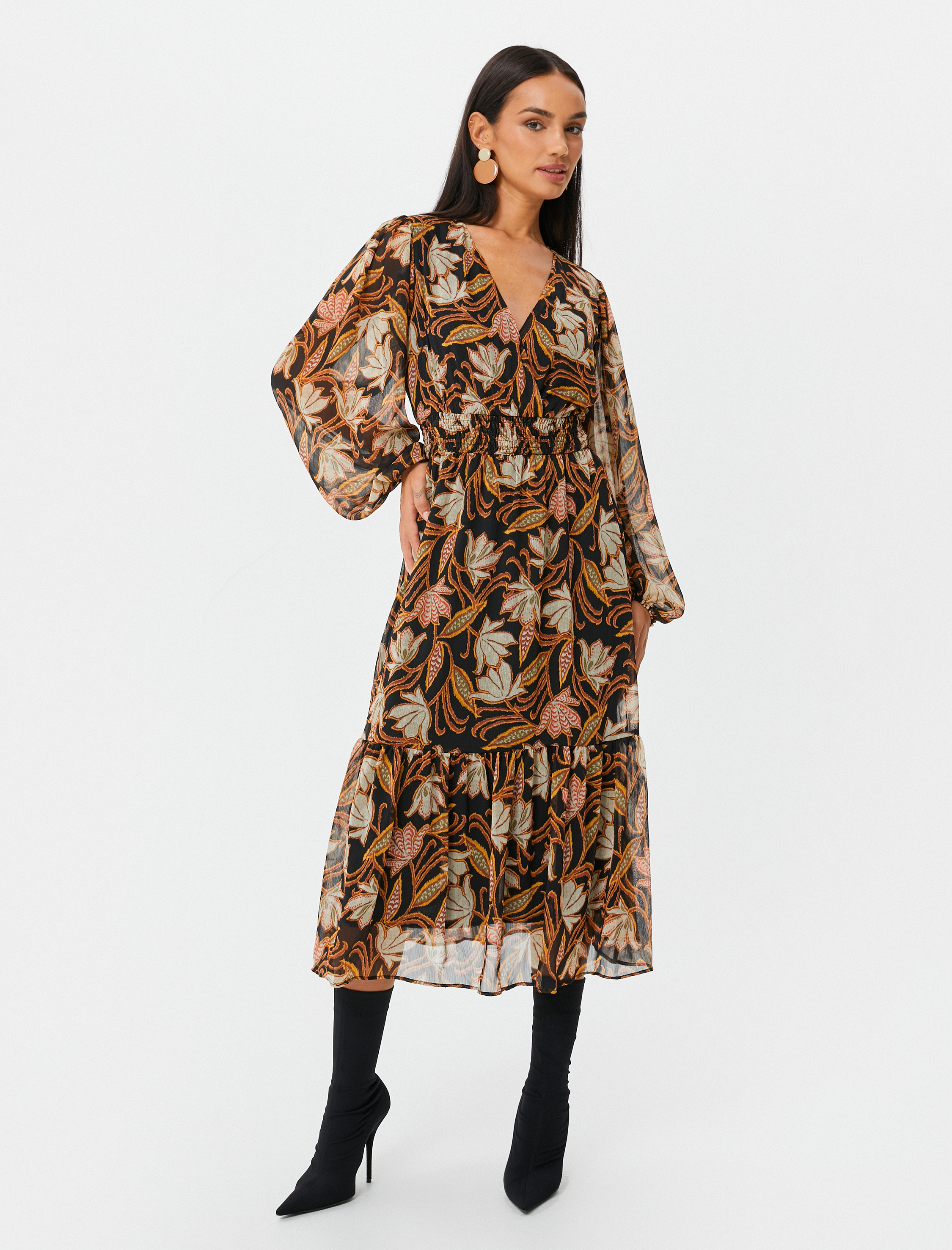   Midi Şifon Elbise Çiçekli Balon Kollu V Yaka Gipeli