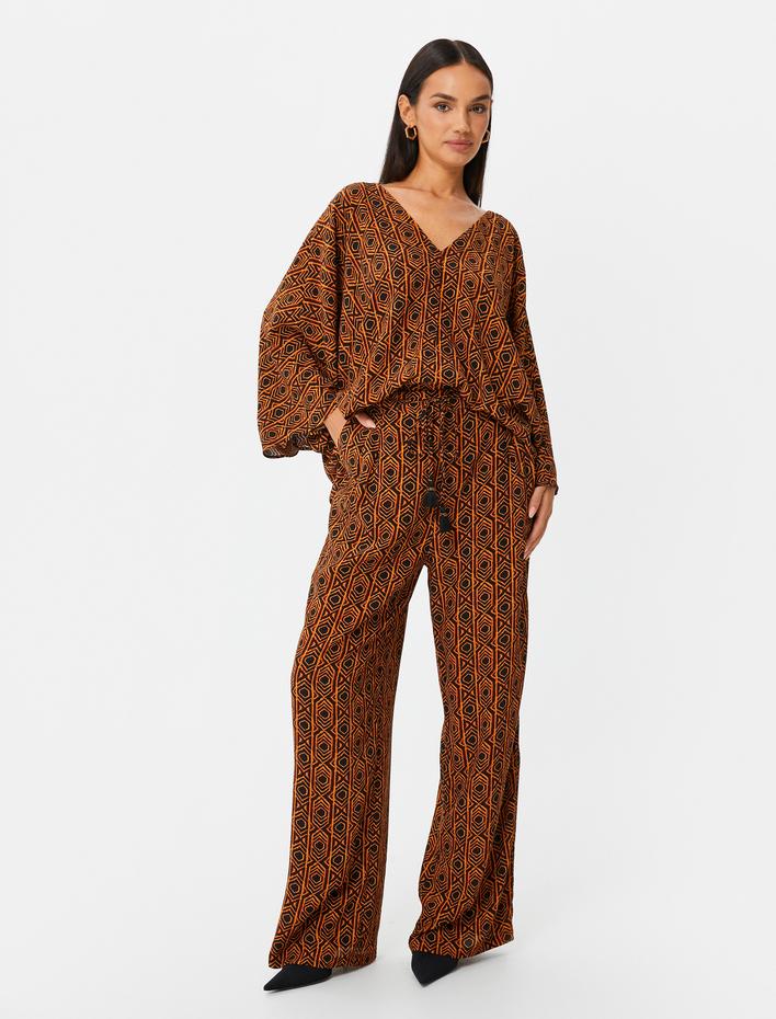  Bol Paça Pantolon Bağcıklı Yüksek Bel Püsküllü