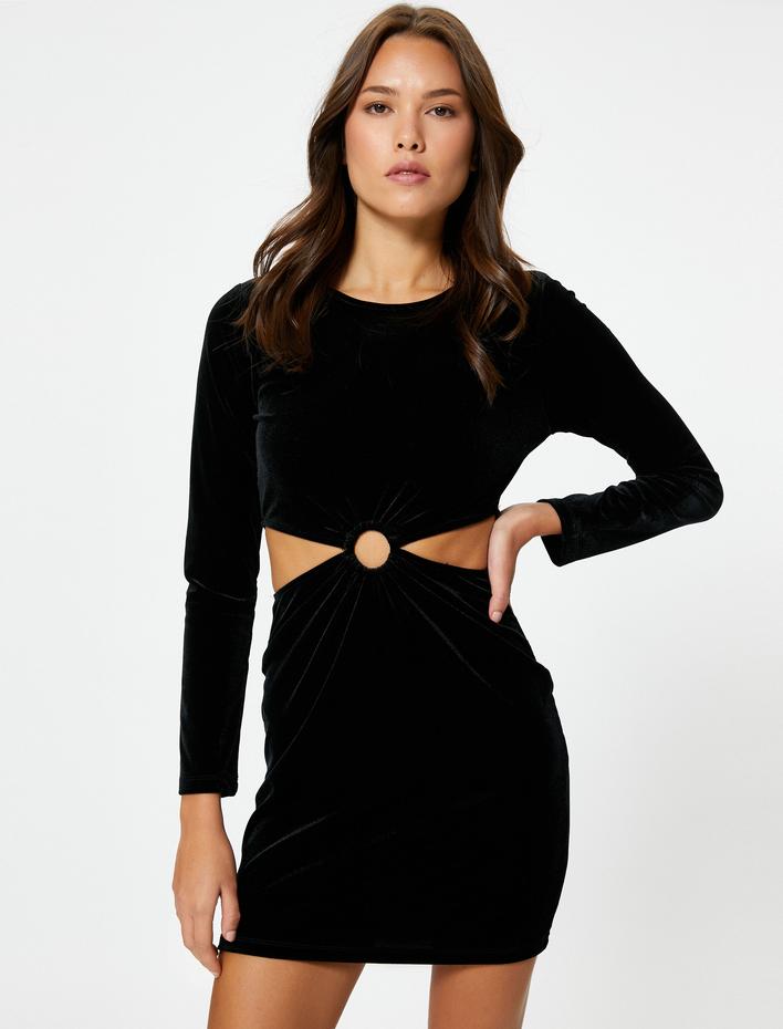  Mini Kadife Elbise Uzun Kollu Pencere Detaylı Bisiklet Yaka