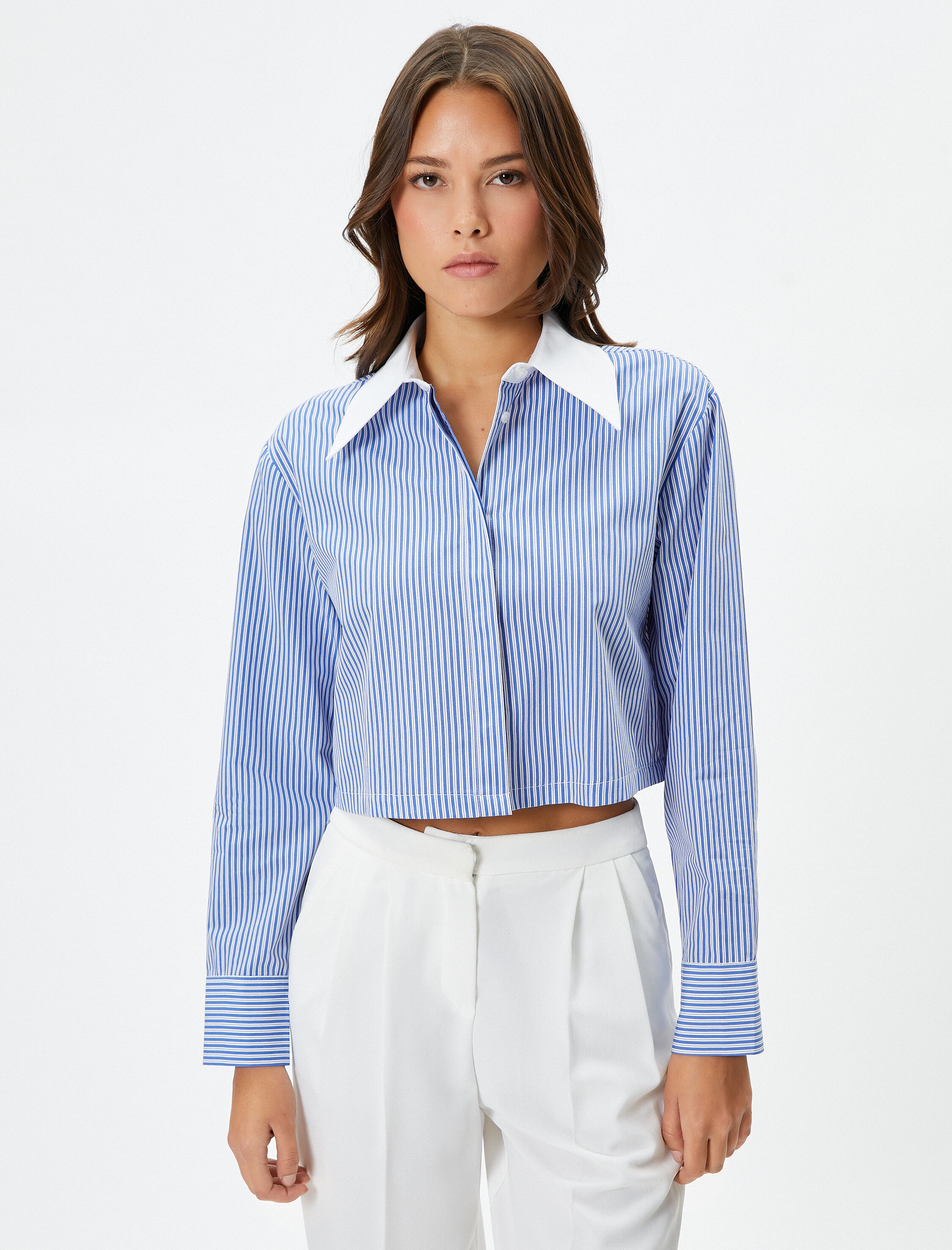   Crop Gömlek Düğmeli Manşet Yaka Uzun Kollu Regular Fit