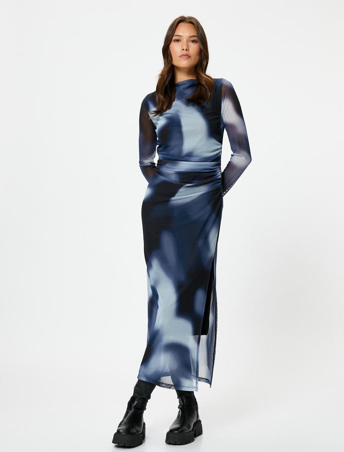  Tül Elbise Batik Desenli Drape Detaylı Uzun Kollu Astarlı Dar Kalıp