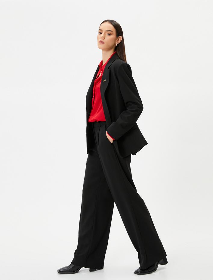  Bol Paça Palazzo Pantolon Kumaş Cep Detaylı Standart Bel