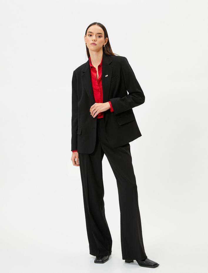  Bol Paça Palazzo Pantolon Kumaş Cep Detaylı Standart Bel