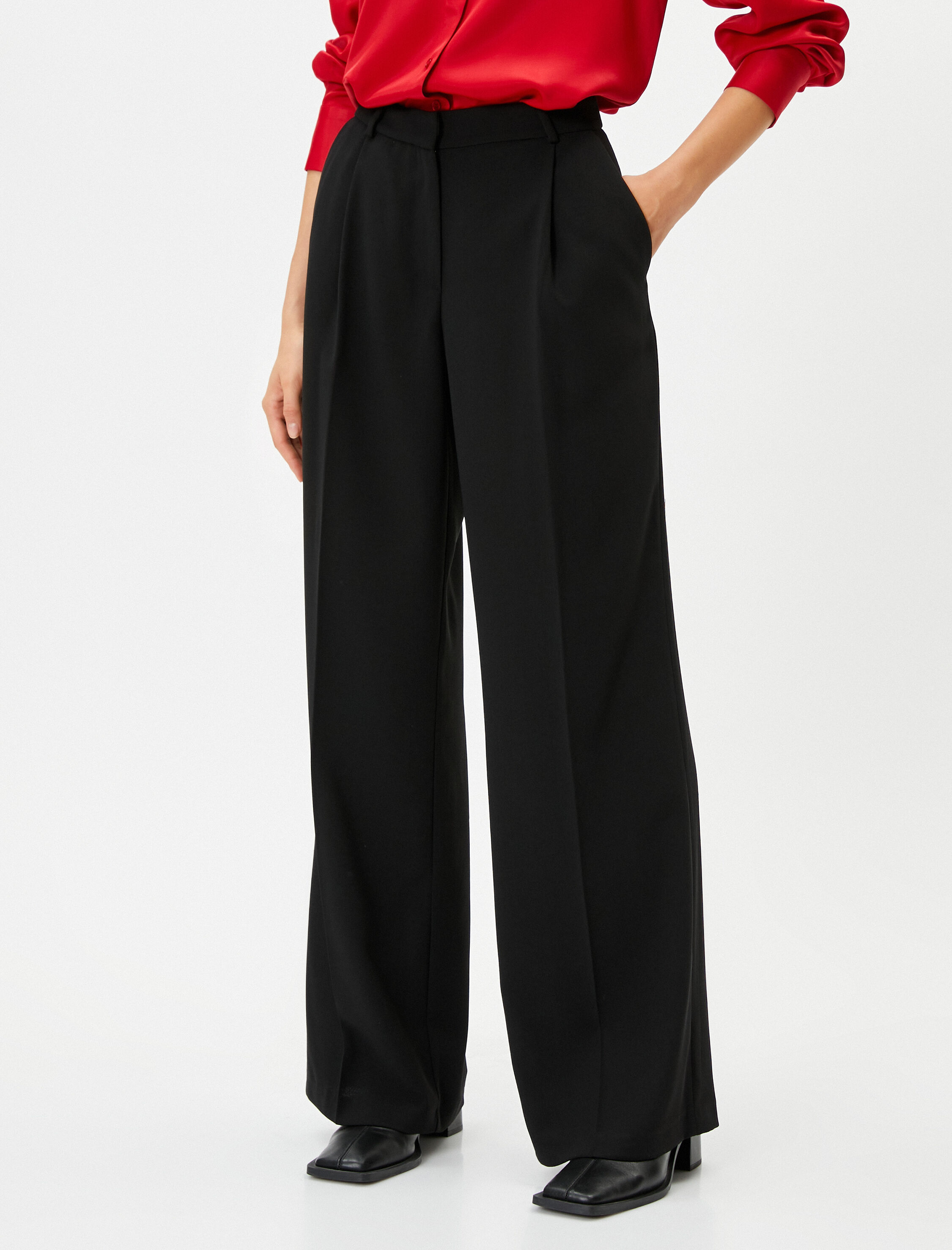   Bol Paça Palazzo Pantolon Kumaş Cep Detaylı Standart Bel