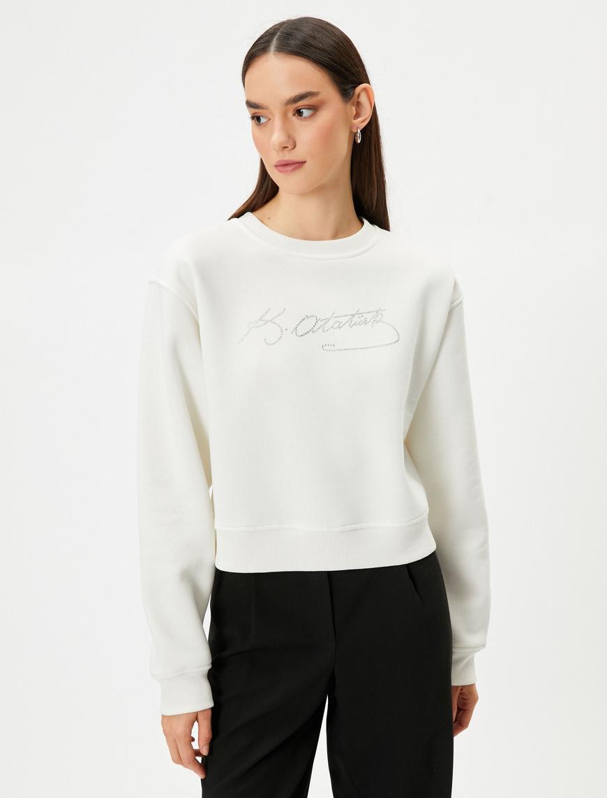   Atatürk Baskılı Sweatshirt Parlak Taş İşlemeli Bisiklet Yaka 100. Yıla Özel