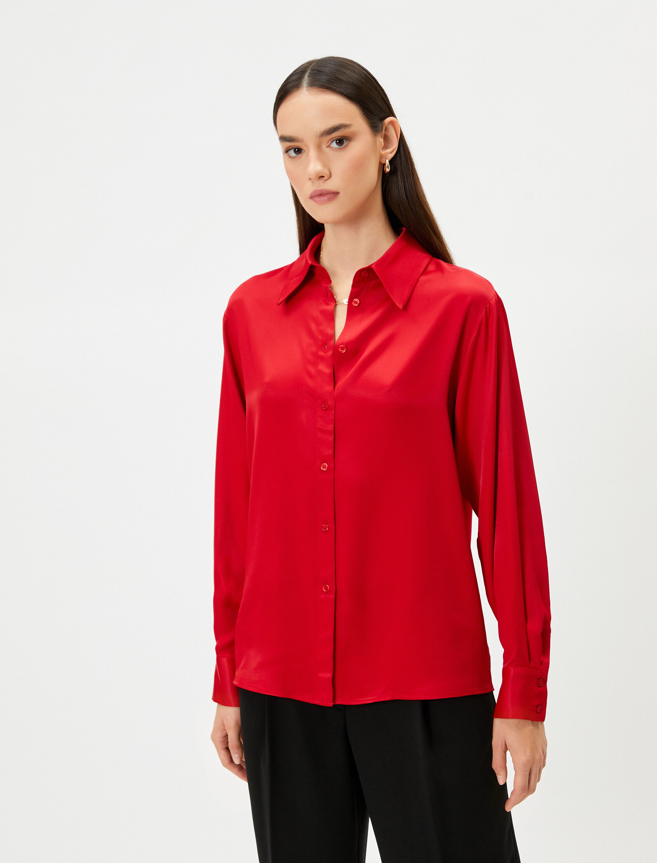   Saten Gömlek Düğmeli Uzun Kollu Manşet Yaka Regular Fit