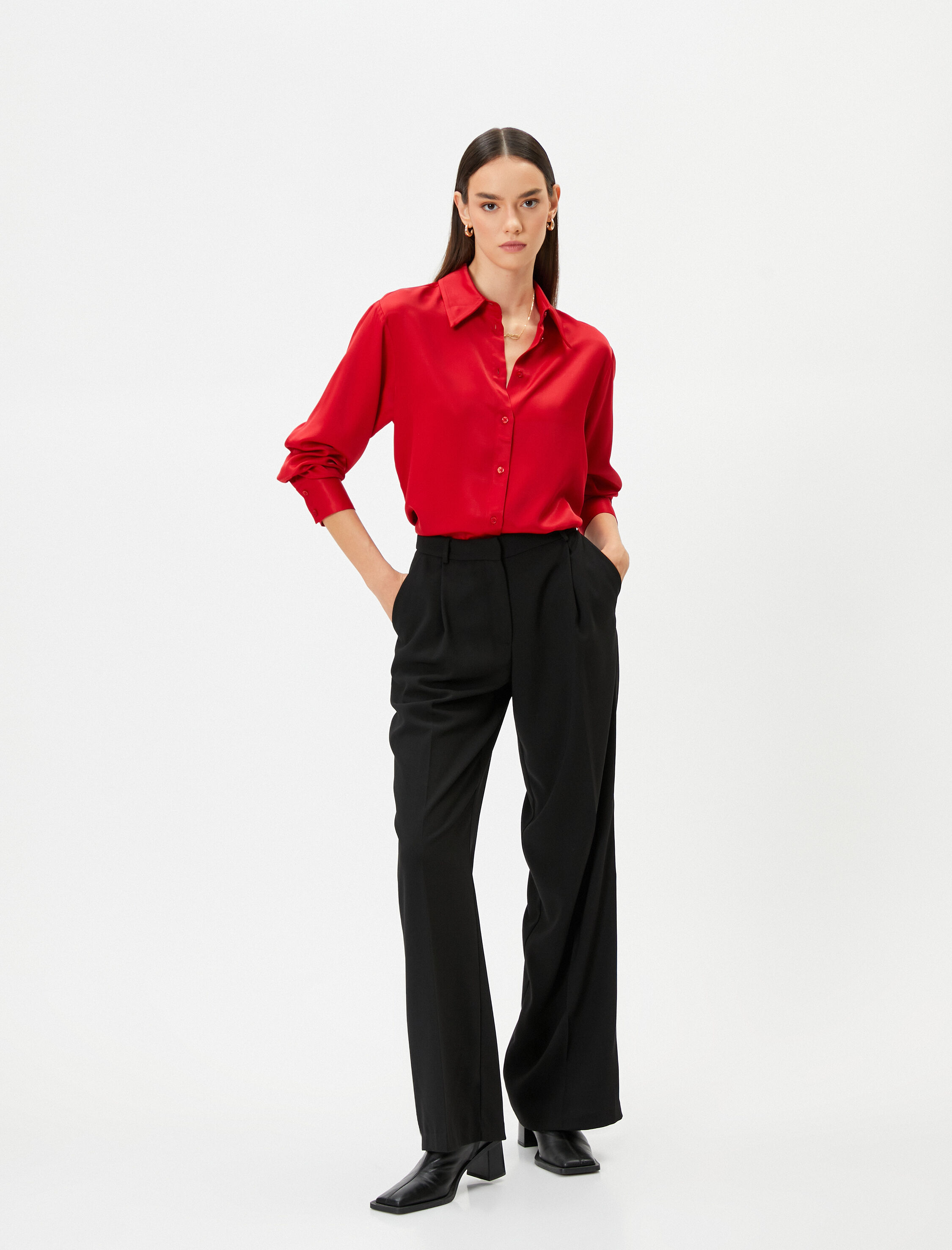   Saten Gömlek Düğmeli Uzun Kollu Manşet Yaka Regular Fit