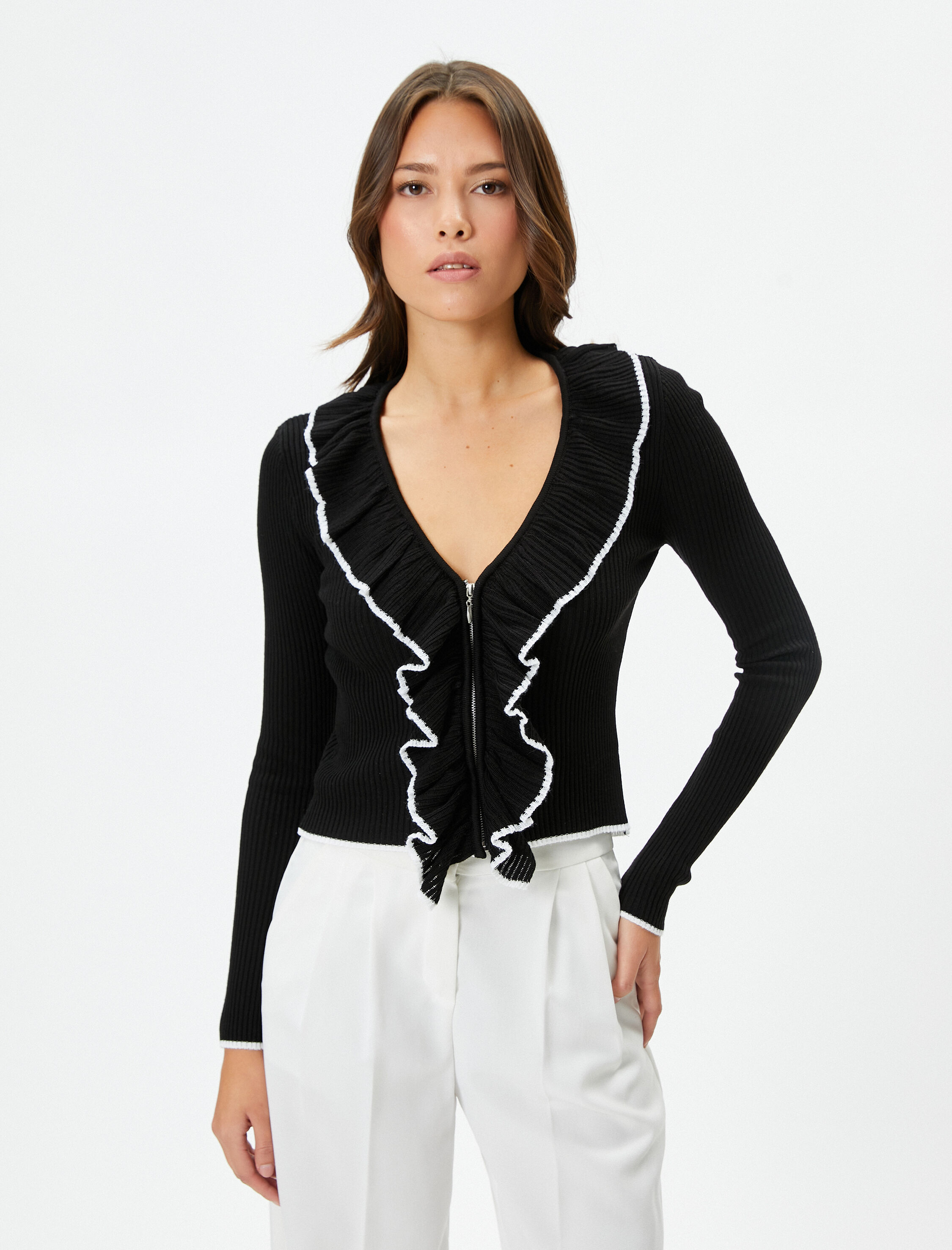   Triko Fermuarlı Hırka Fırfırlı V Yaka Uzun Kollu