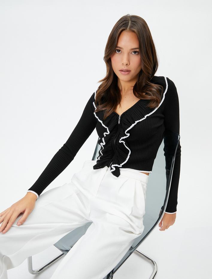  Triko Fermuarlı Hırka Fırfırlı V Yaka Uzun Kollu