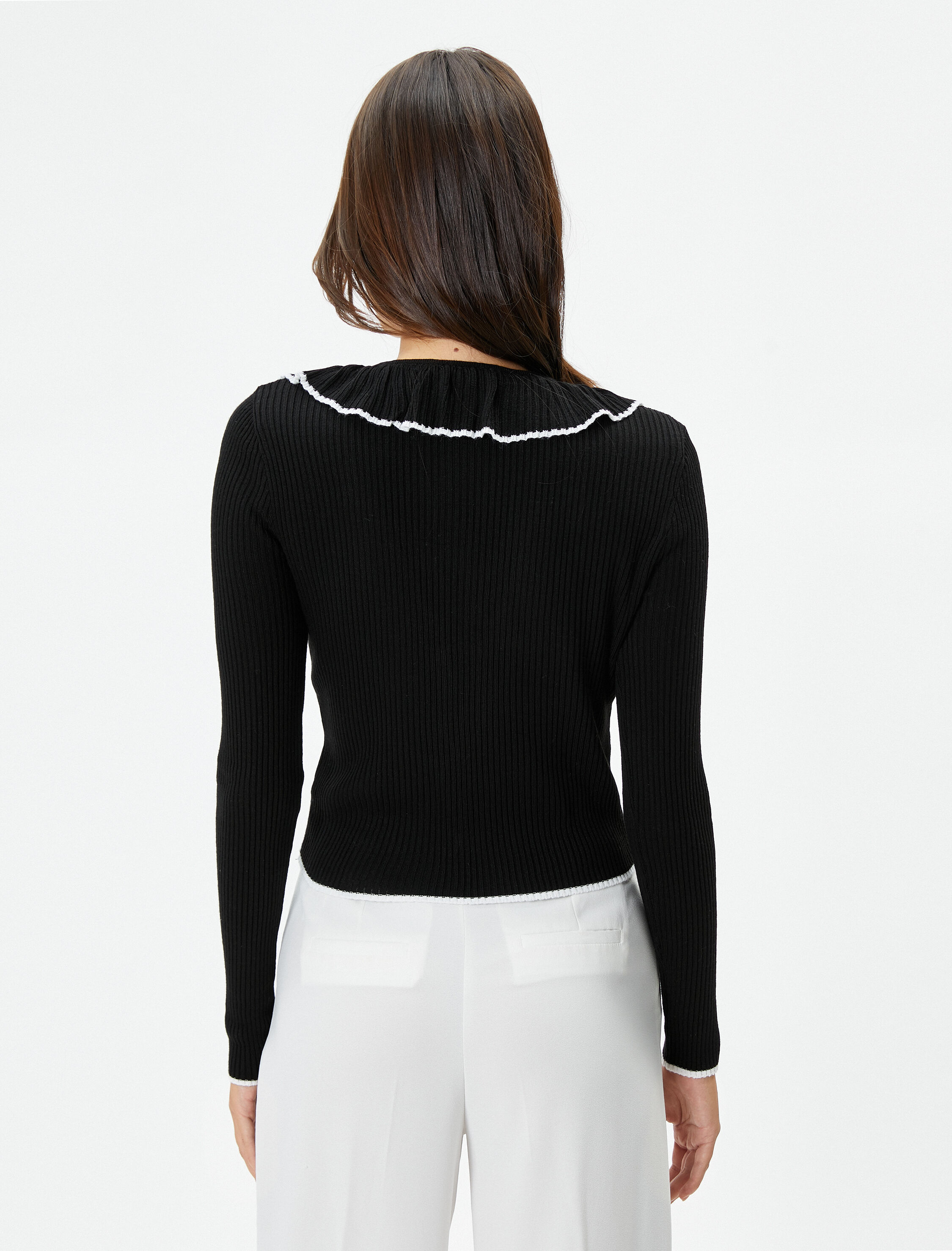   Triko Fermuarlı Hırka Fırfırlı V Yaka Uzun Kollu