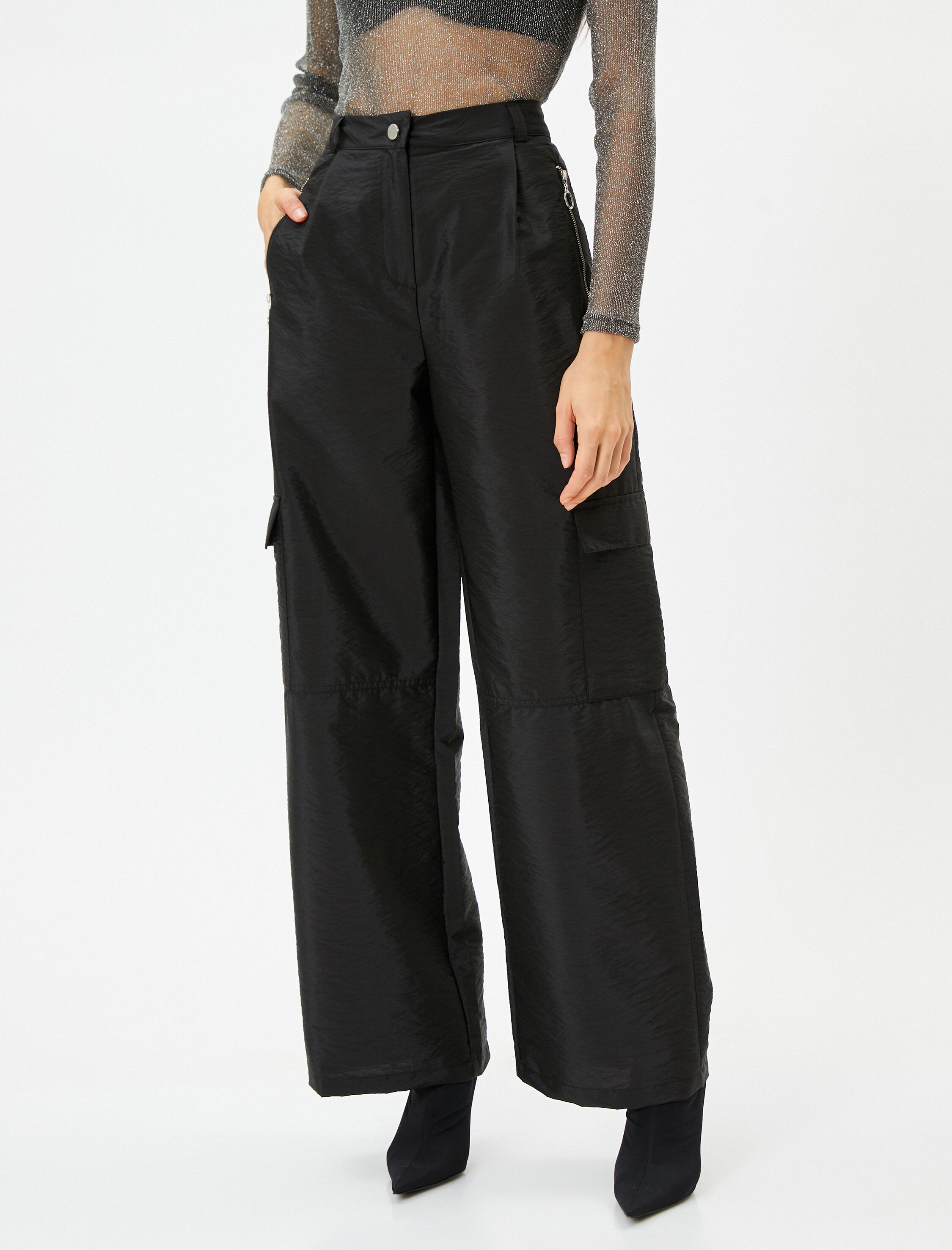   Kargo Paraşüt Pantolon Yüksek Bel Cepli Fermuarlı