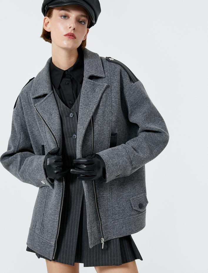  Biker Mont Apoletli Fermuarlı Suni Deri Detaylı