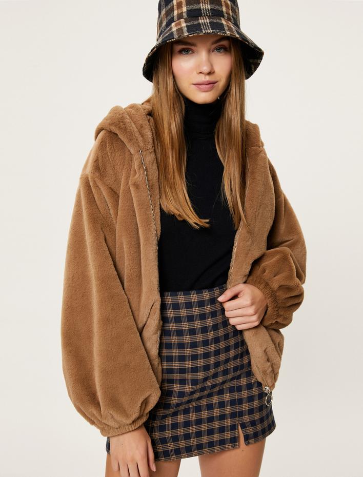  Kapşonlu Peluş Ceket Fermuarlı Uzun Kollu Manşetleri Lastikli